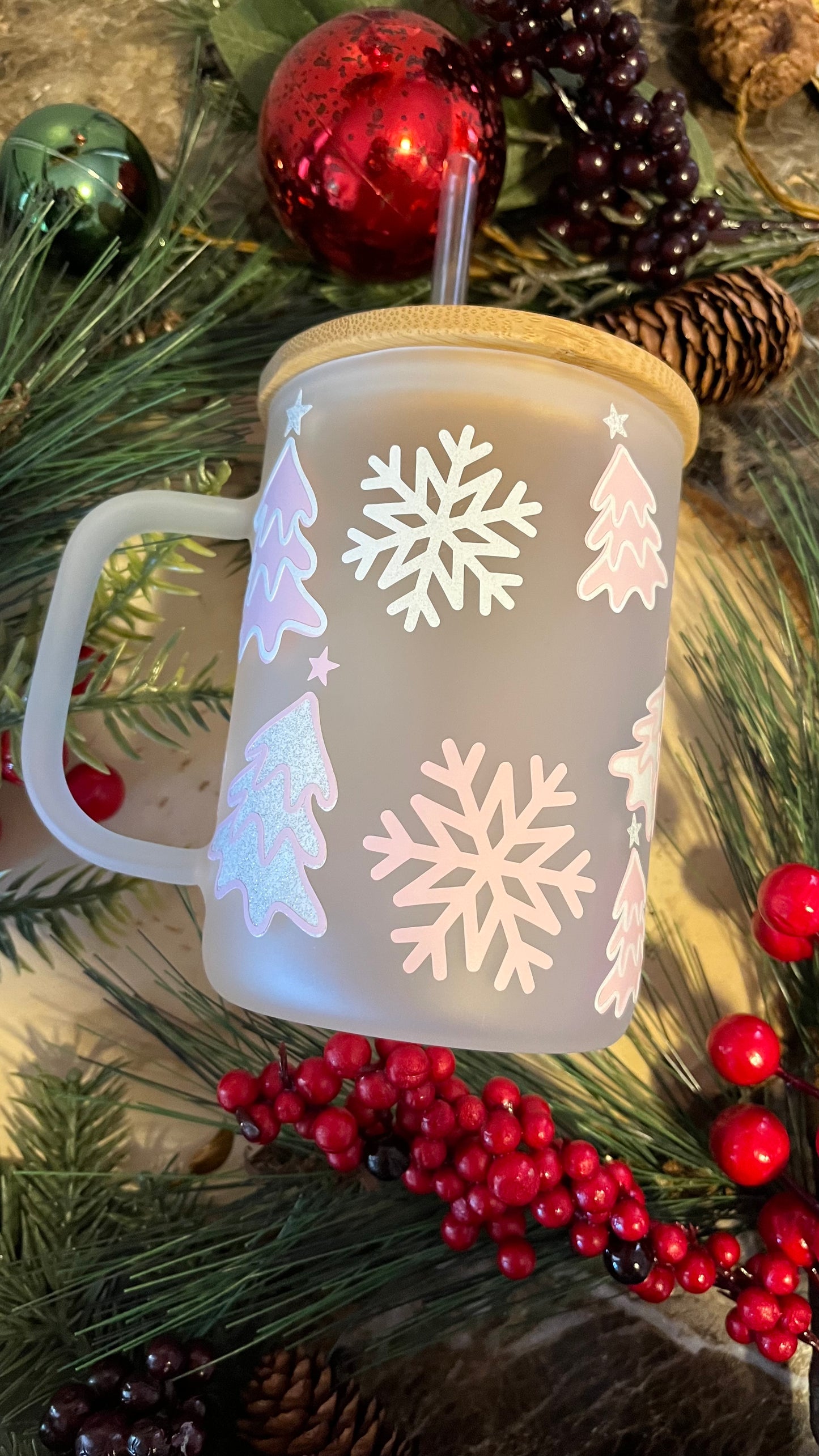 Pink Christmas frosted glass mug