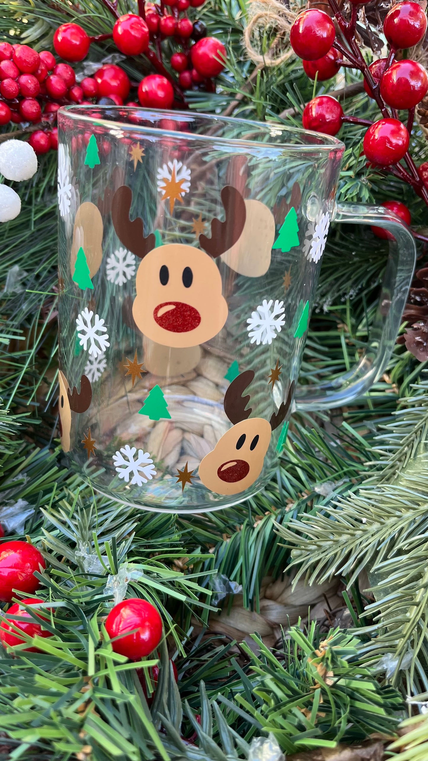 Cute reindeer 16oz glass mug