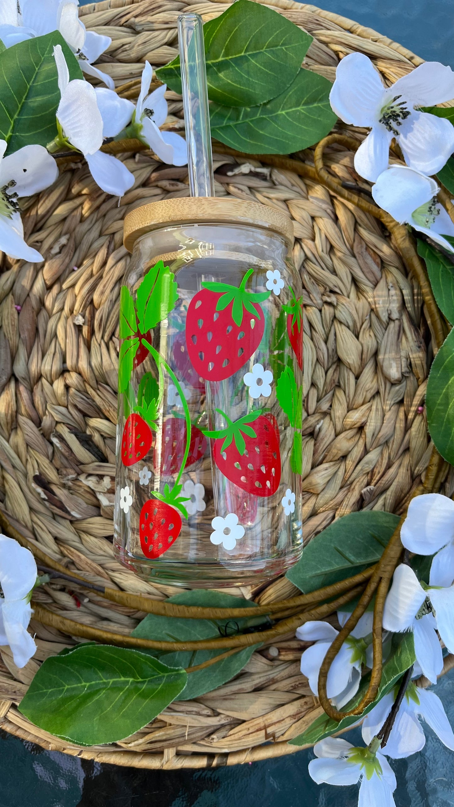 Strawberry flowers glass cup