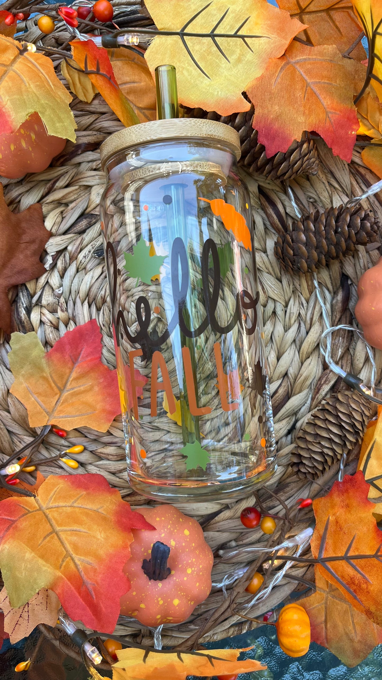 Hello fall glass cup