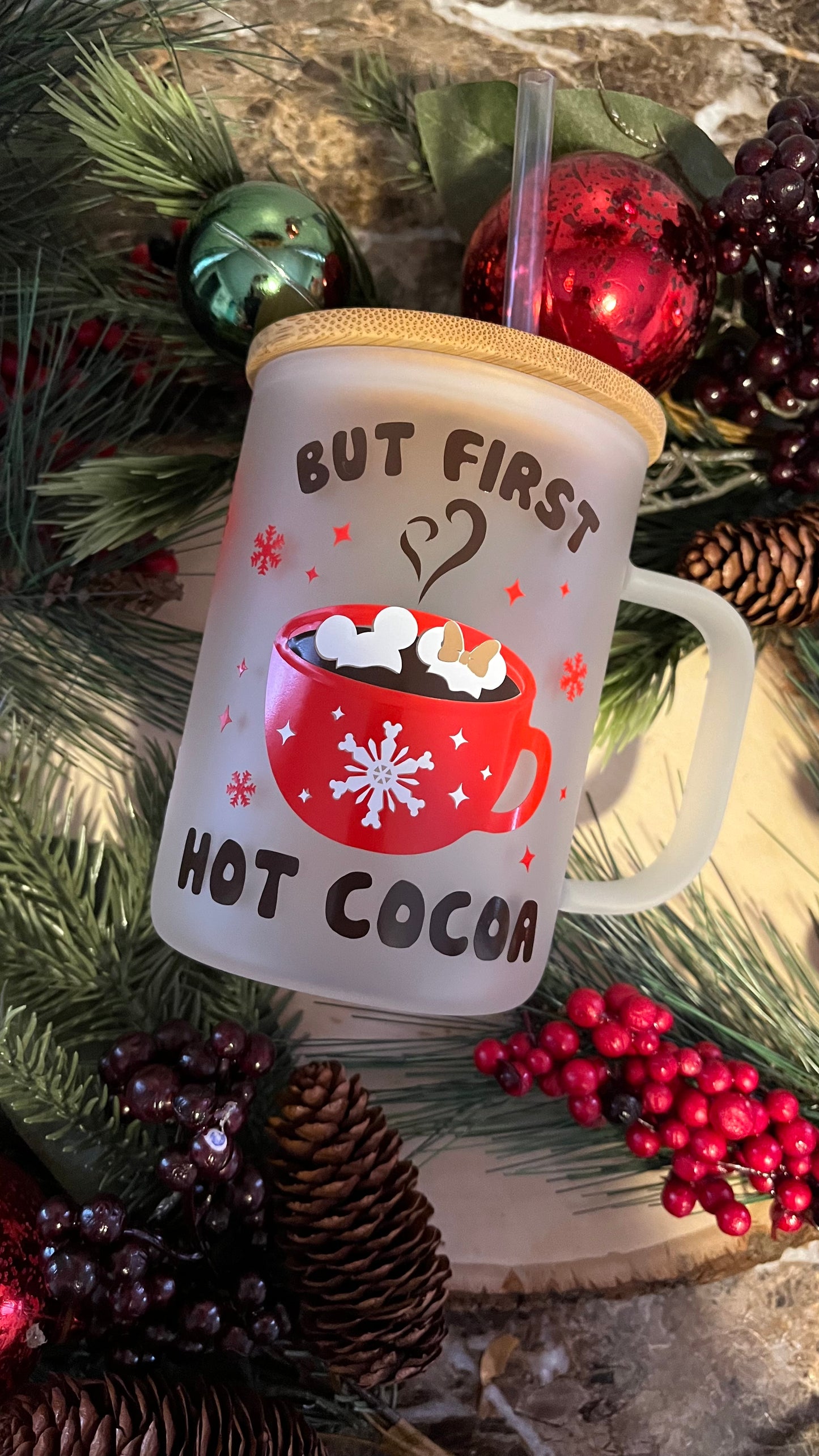 But first hot cocoa frosted glass mug