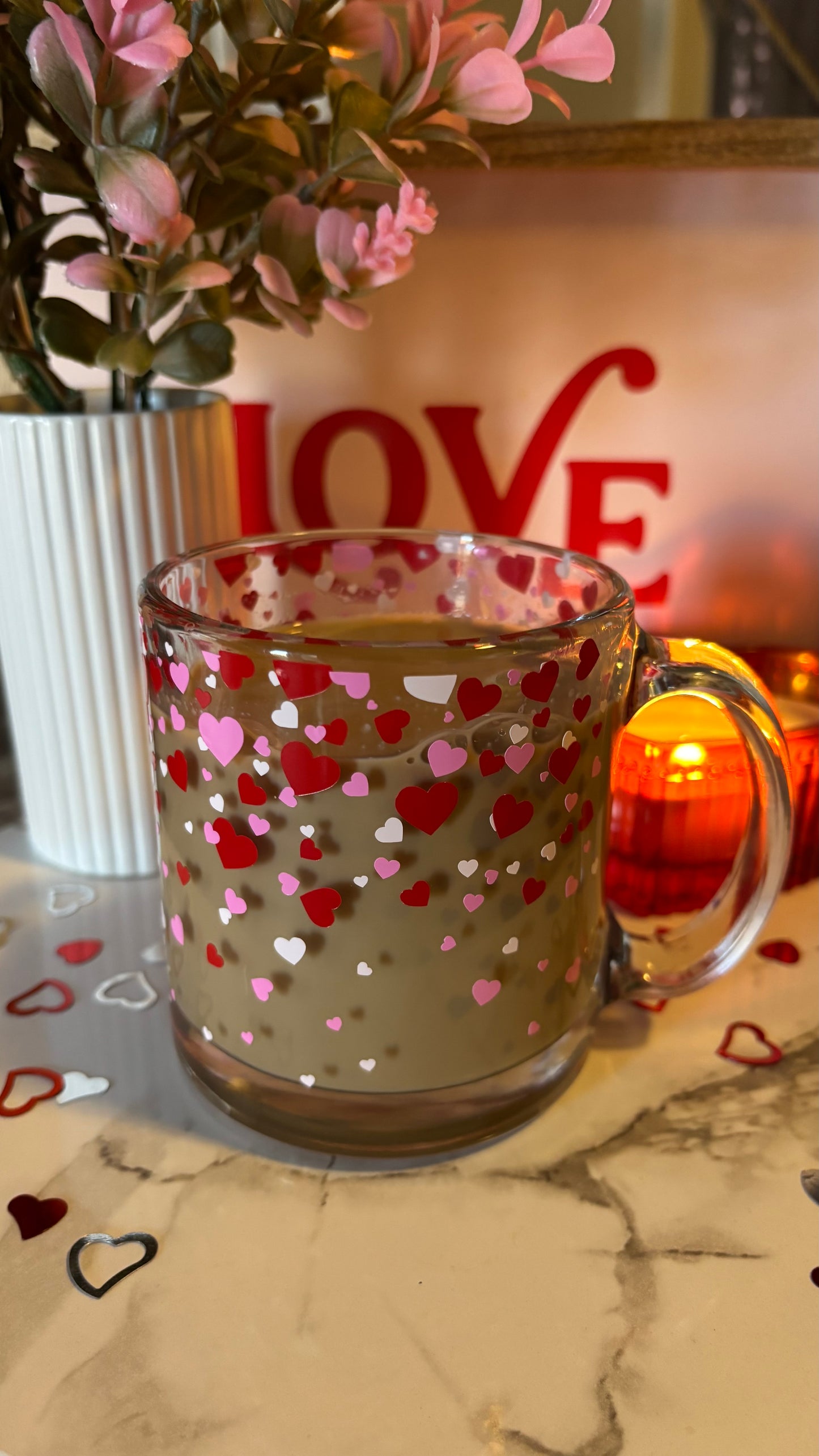 Confetti hearts glass mug