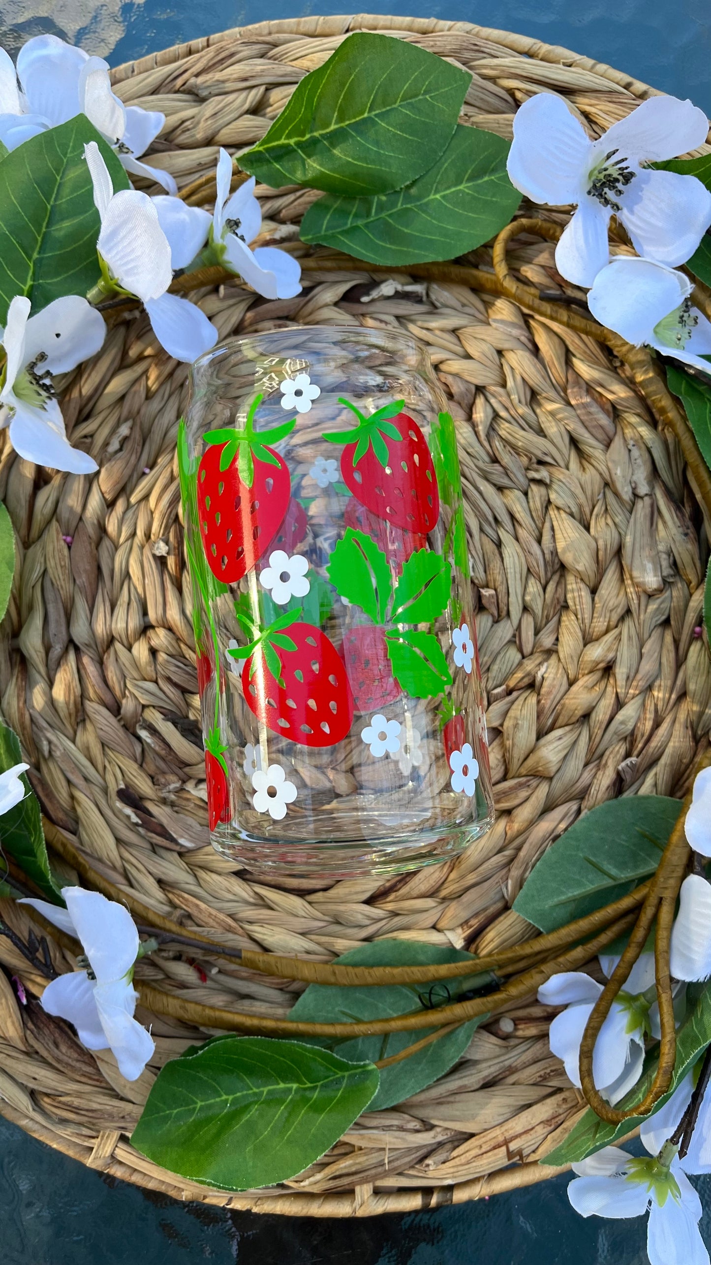 Strawberry flowers glass cup