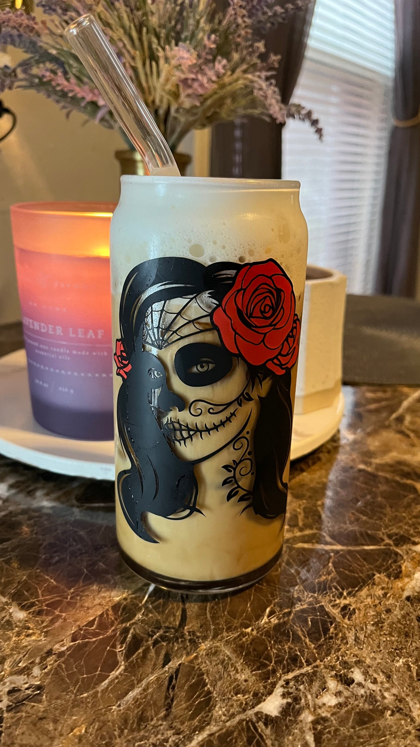 Lady sugar skull glass cup