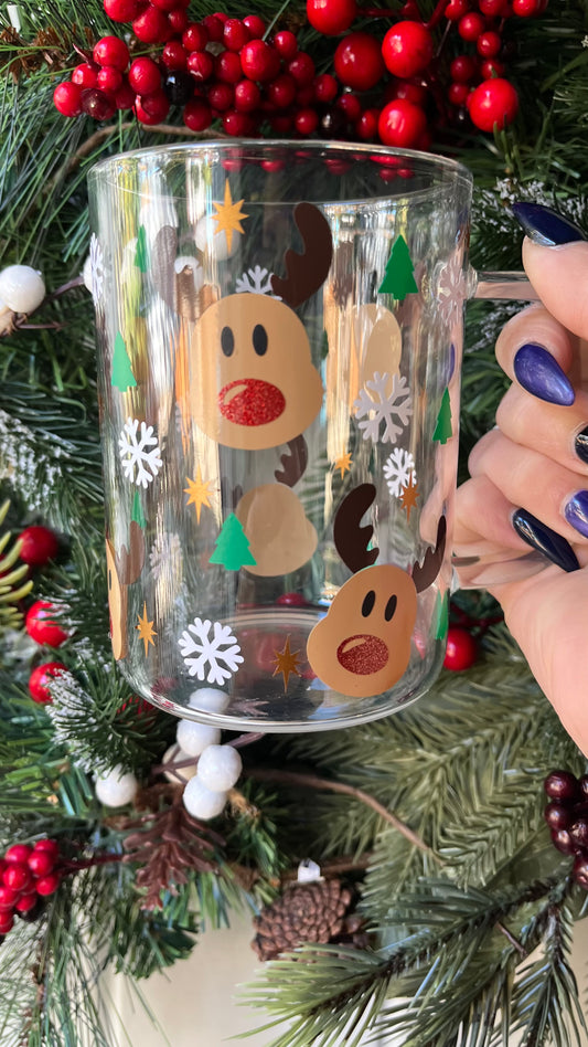 Cute reindeer 16oz glass mug