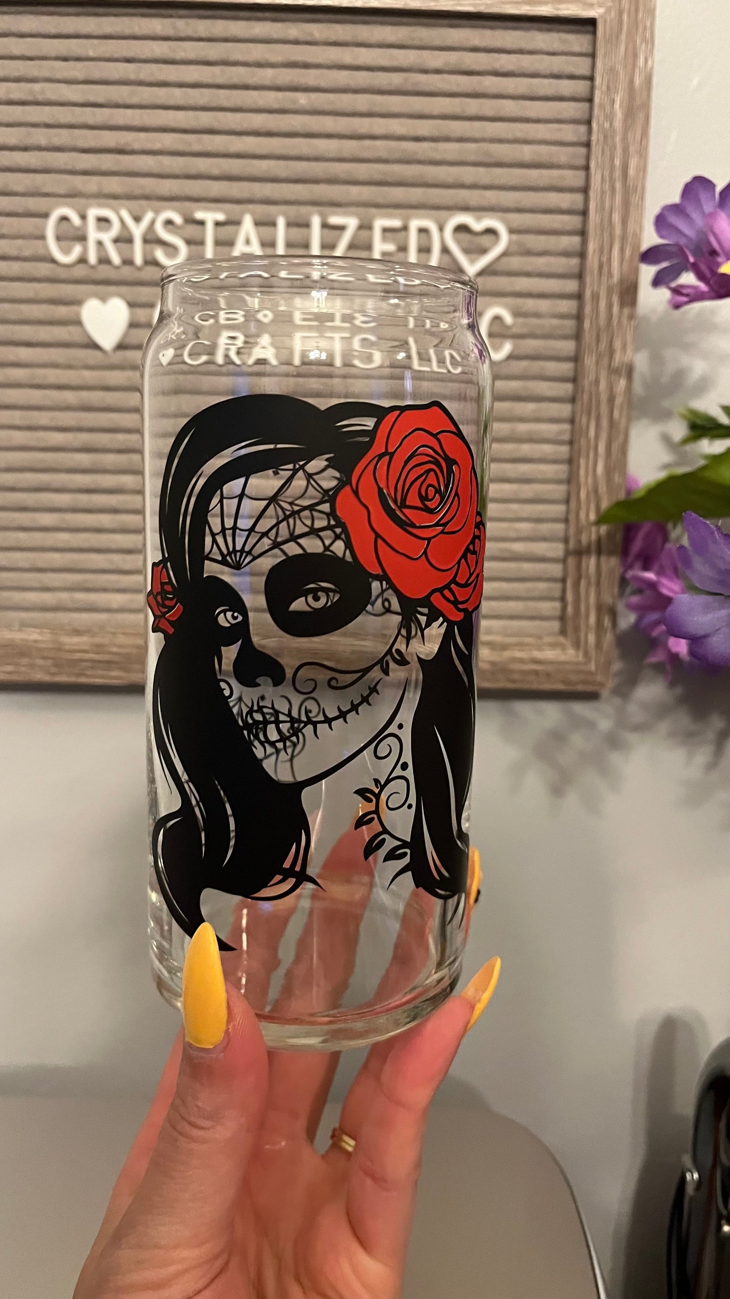 Lady sugar skull glass cup