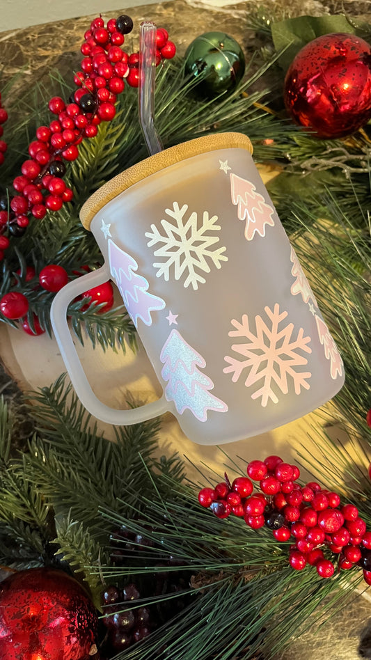 Pink Christmas frosted glass mug