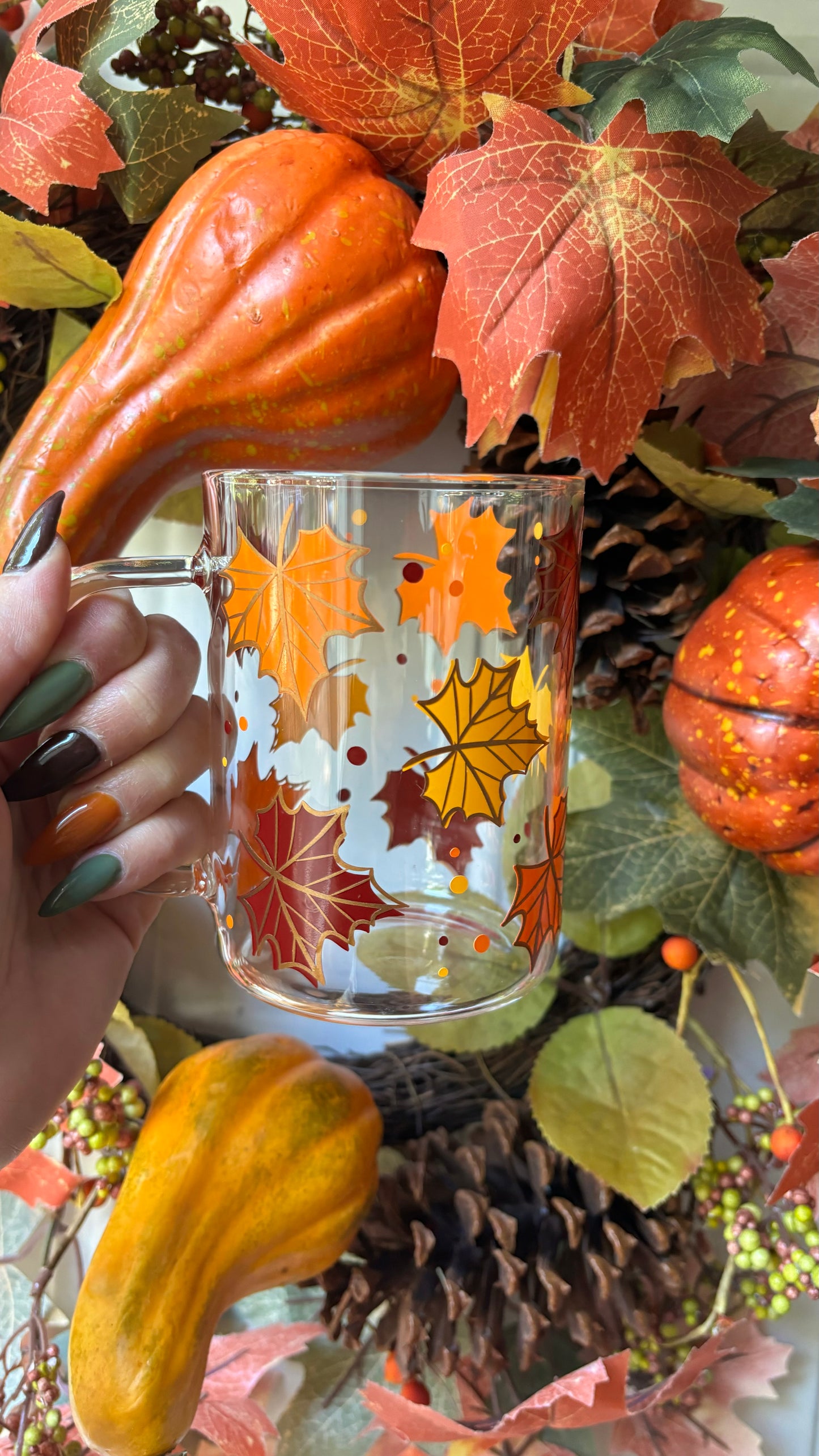 Fall leaves glass mug