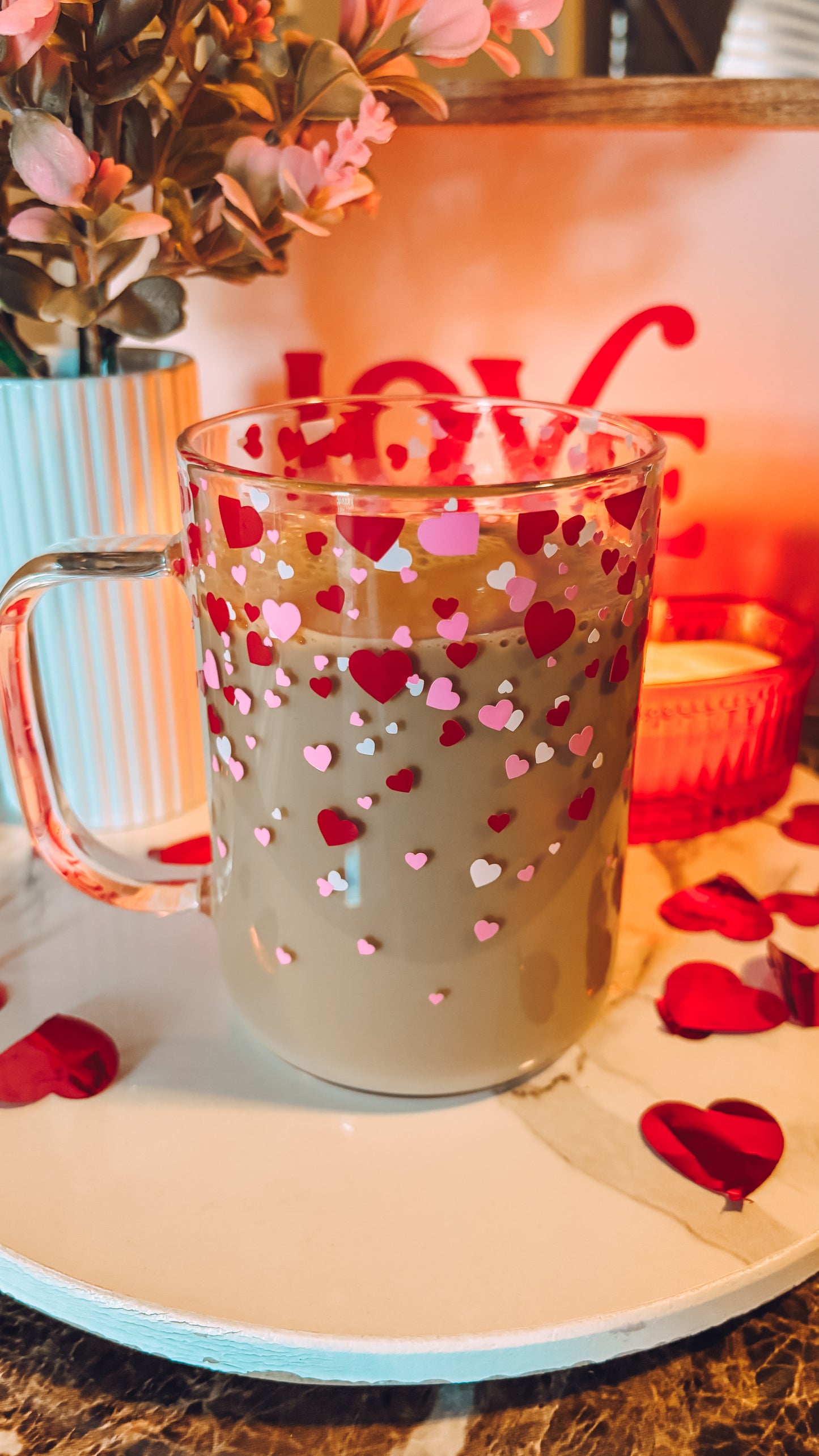 Confetti hearts glass mug