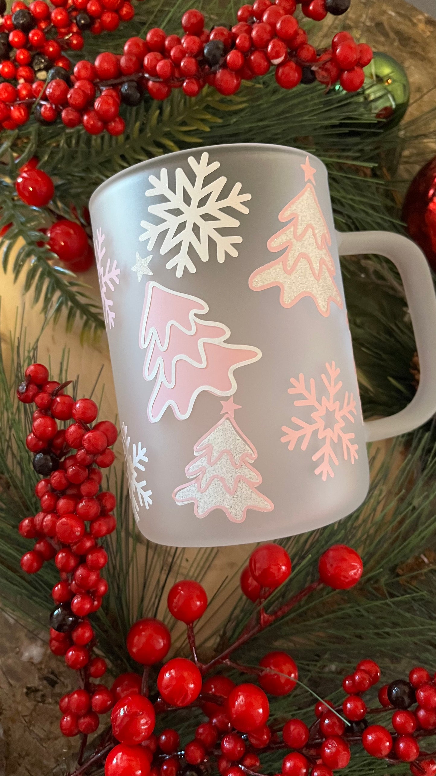 Pink Christmas frosted glass mug