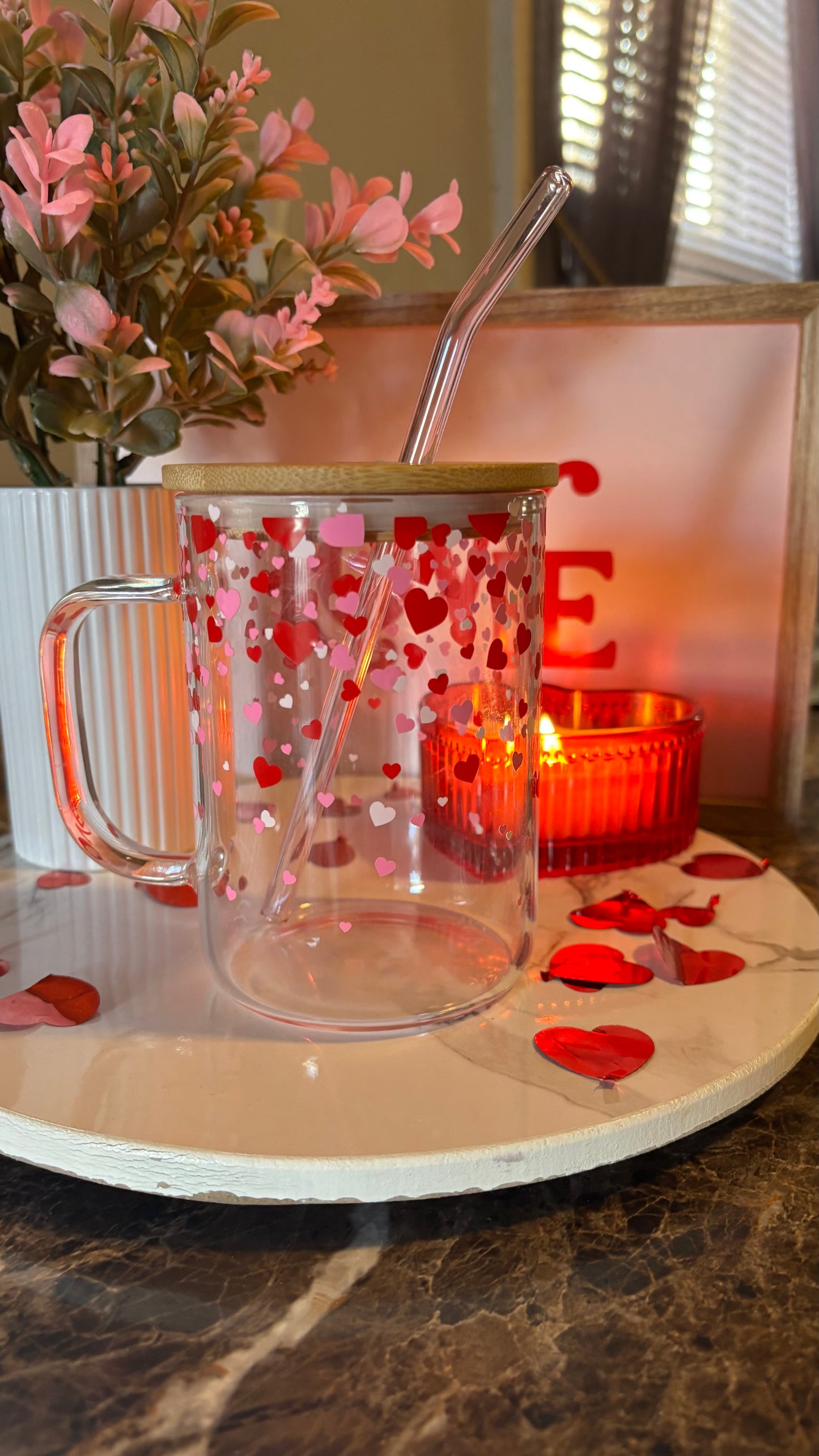 Confetti hearts glass mug