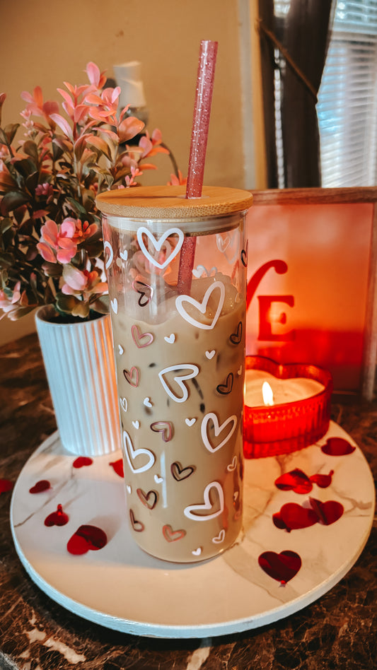 Pink hearts 25oz glass cup