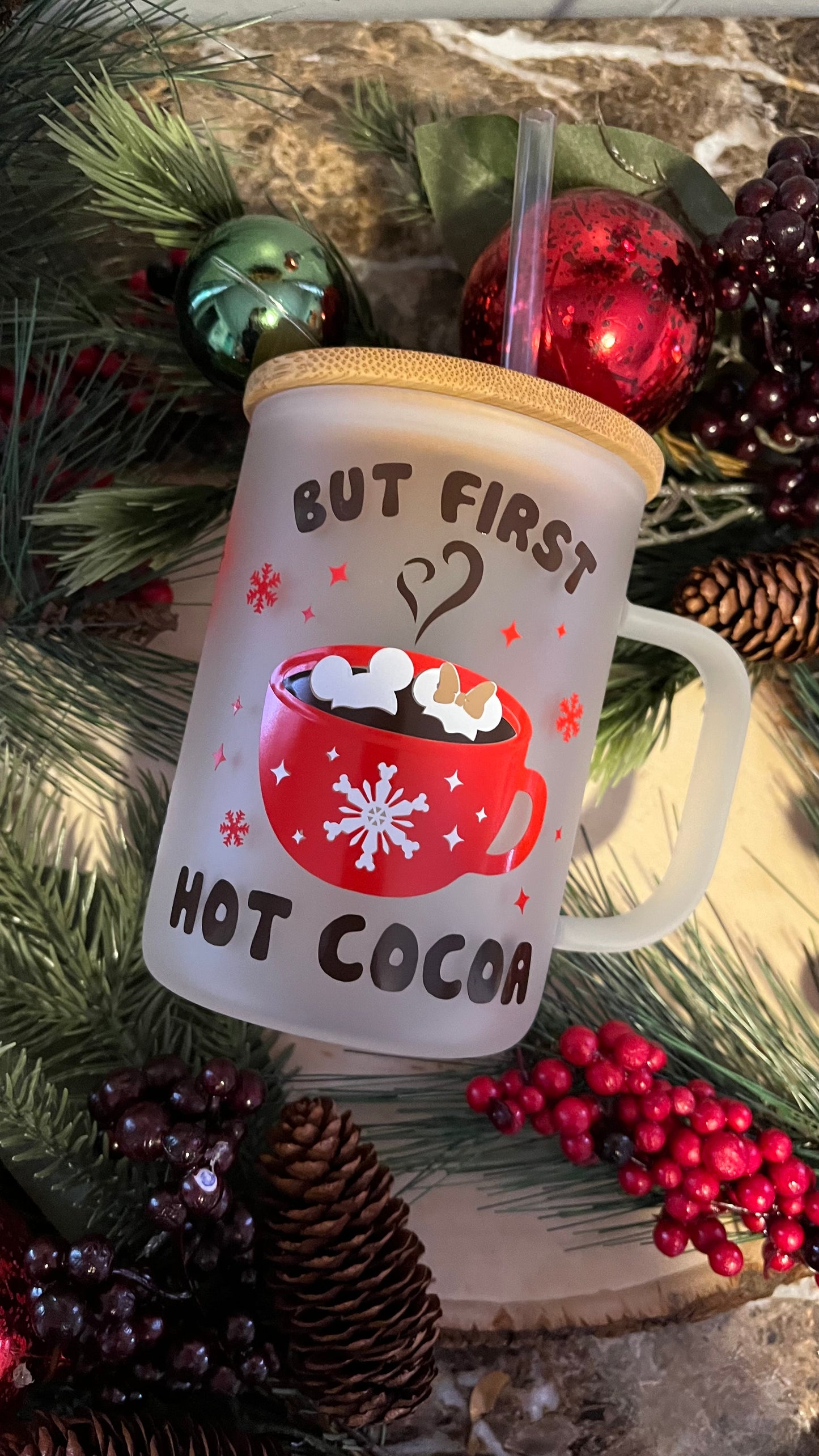 But first hot cocoa frosted glass mug