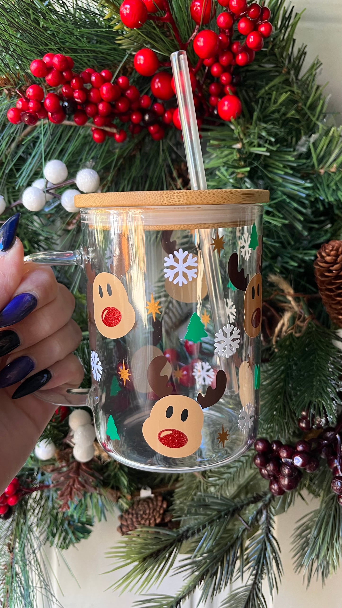 Cute reindeer 16oz glass mug