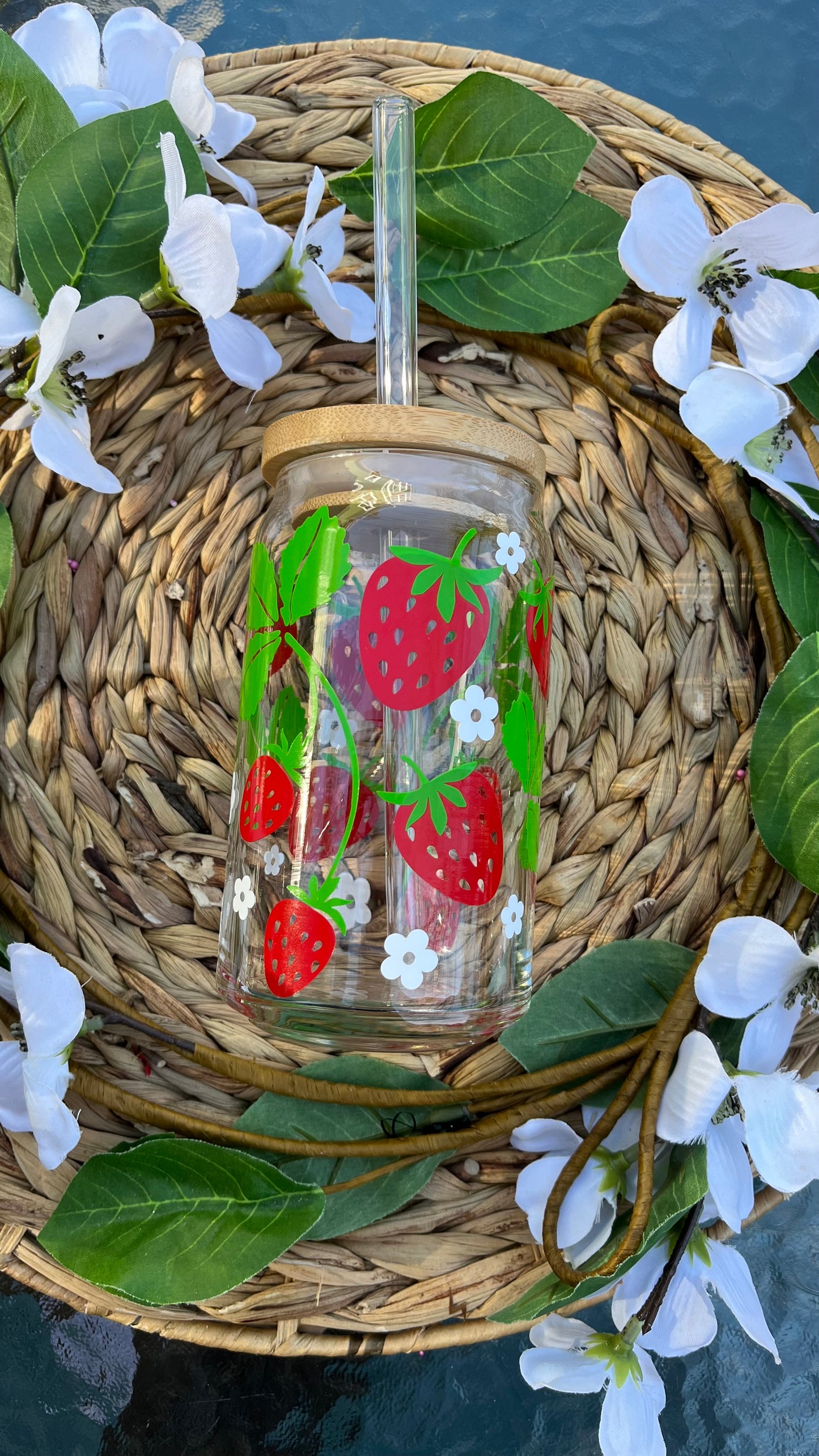 Strawberry flowers glass cup