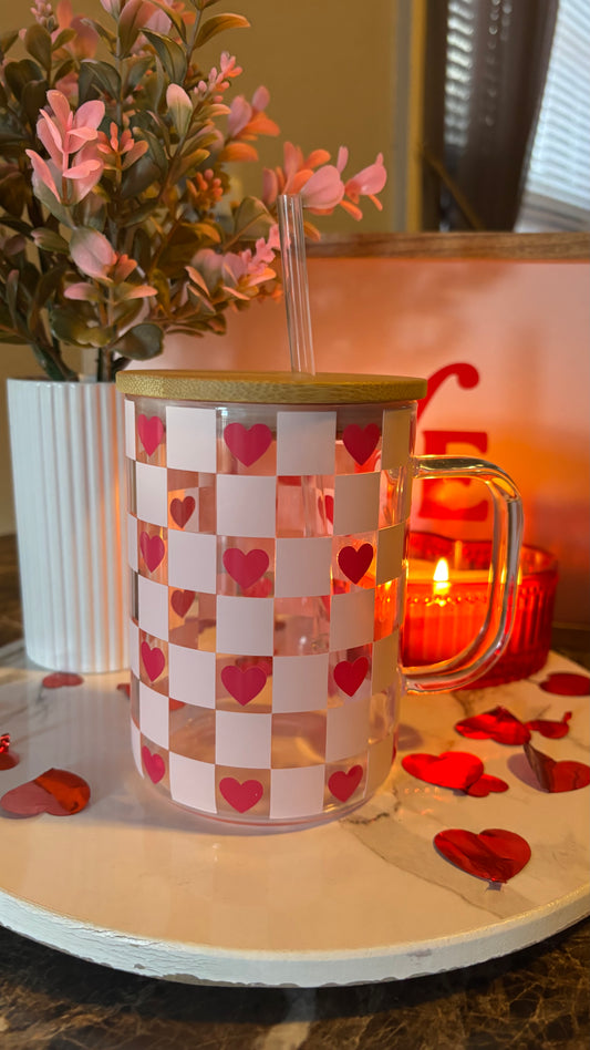 Checkered hearts glass mug