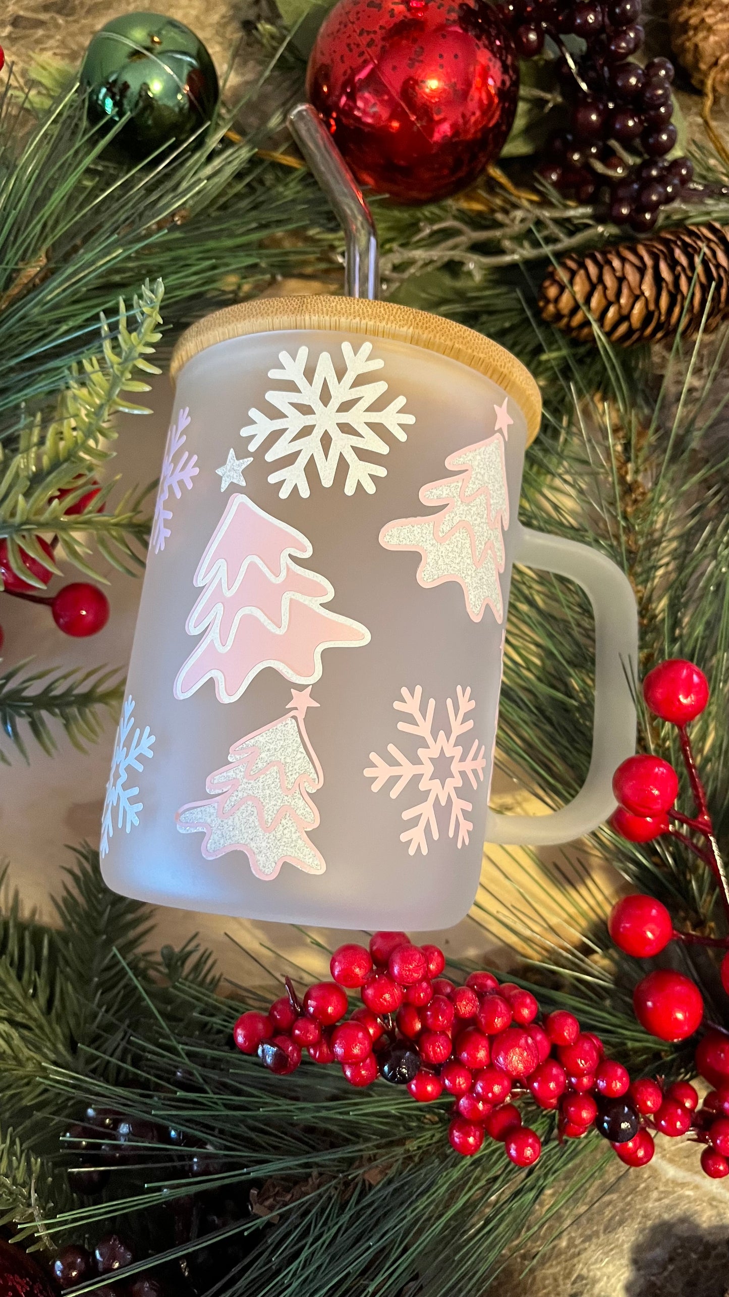 Pink Christmas frosted glass mug