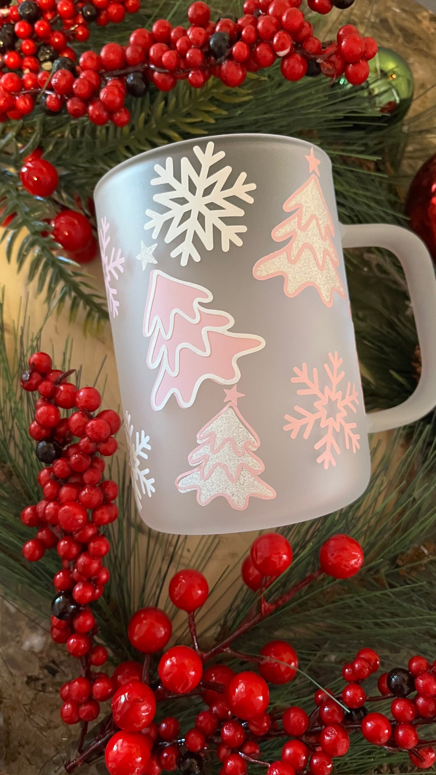 Pink Christmas frosted glass mug