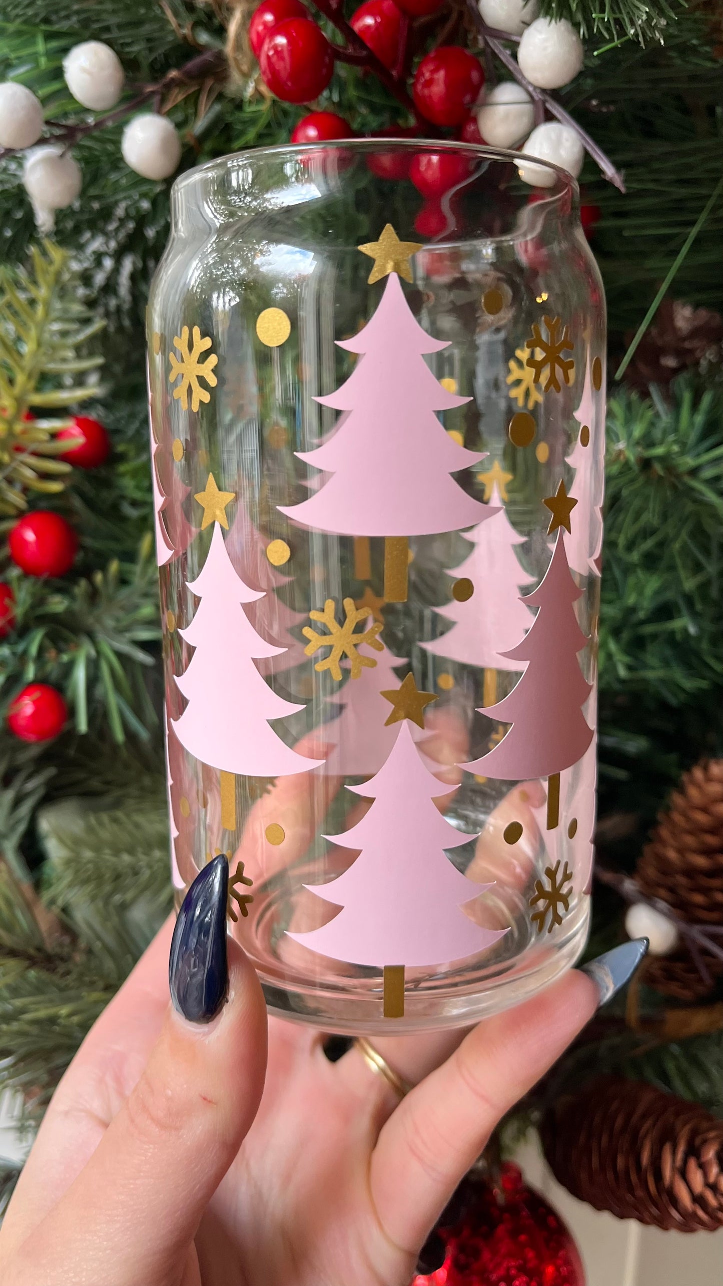 Pink Christmas trees glass cup