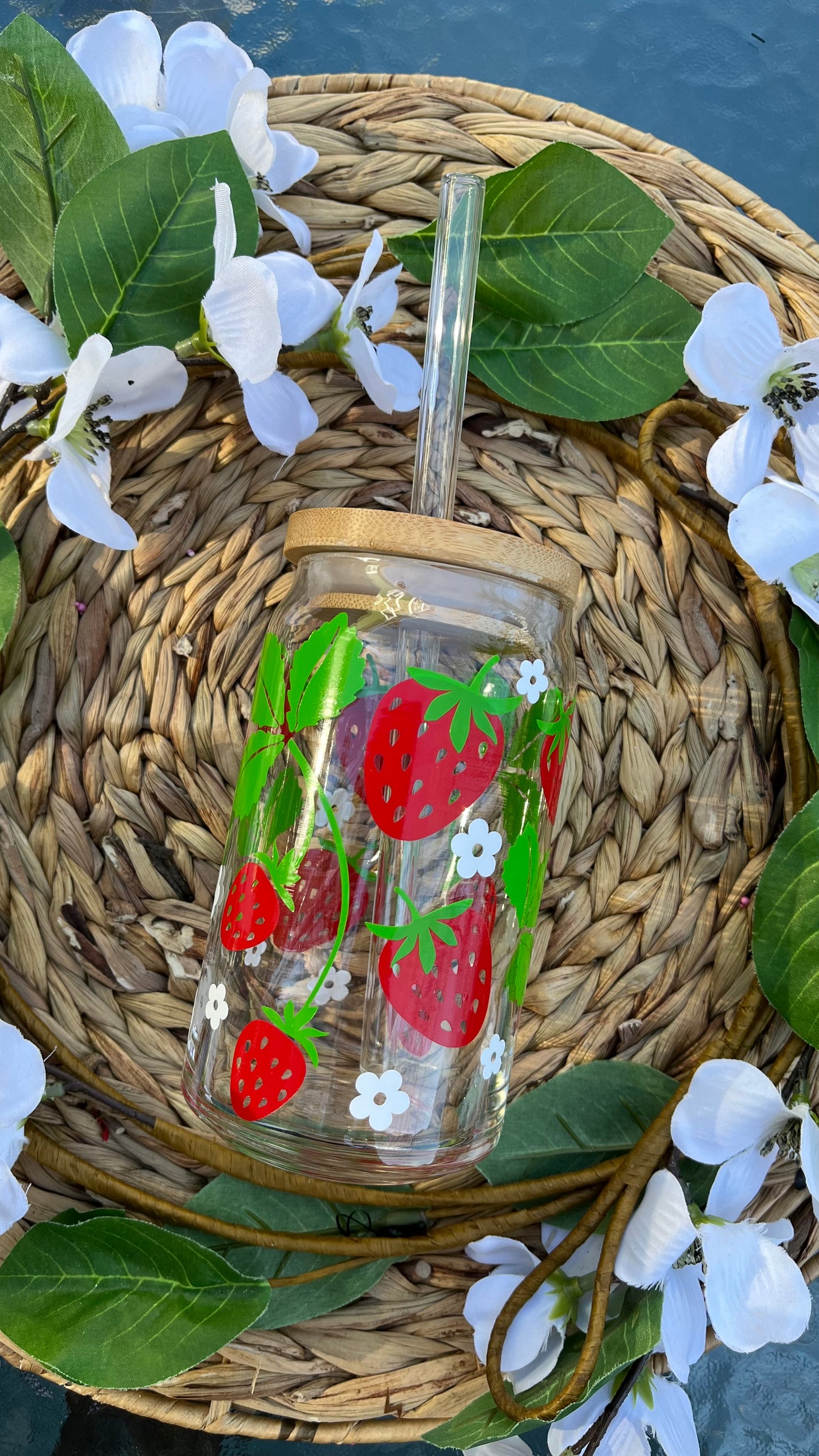 Strawberry flowers glass cup