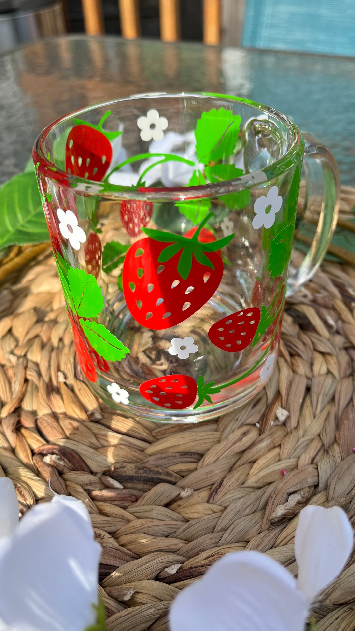 Strawberry flowers glass mug