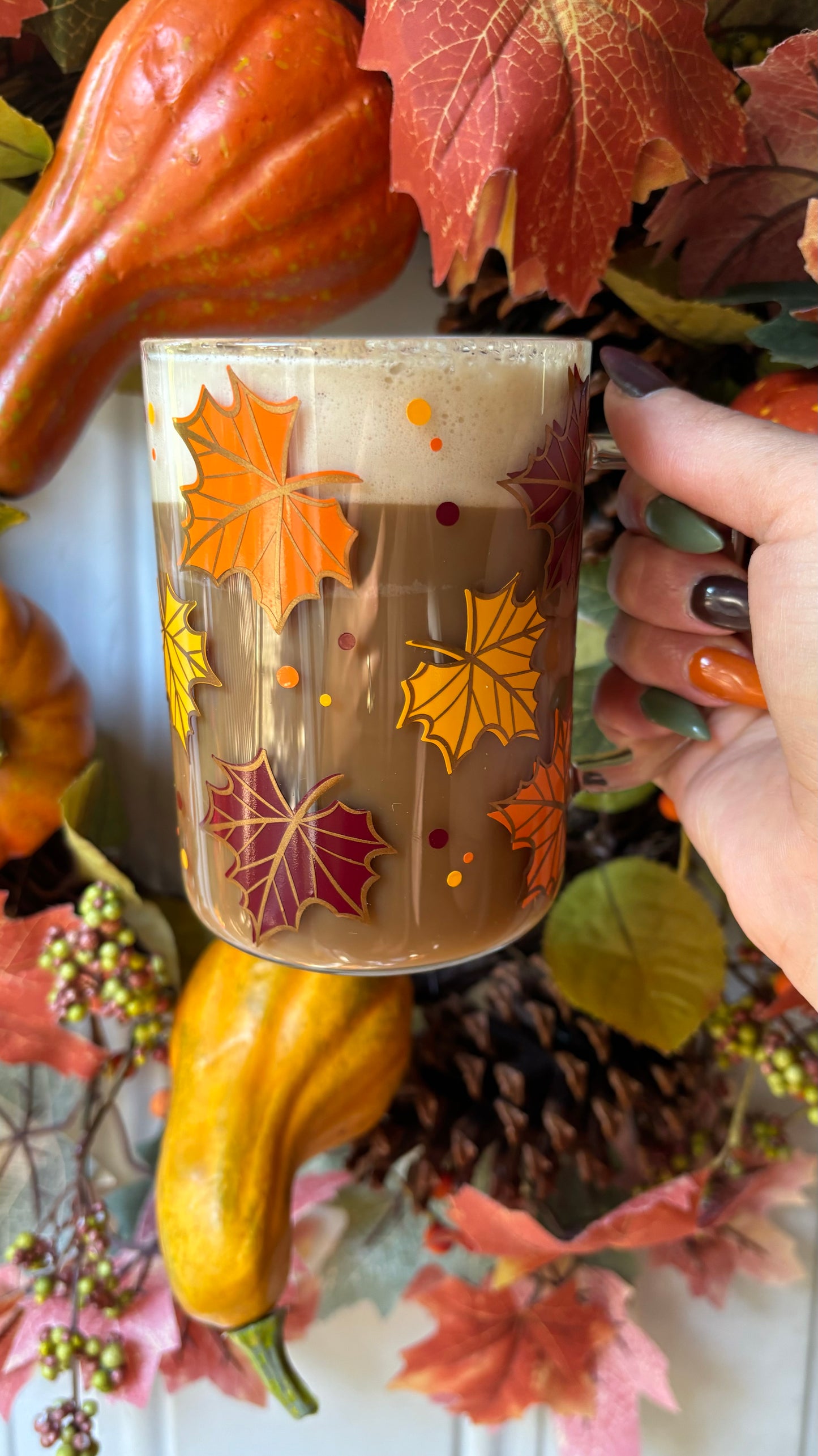 Fall leaves glass mug