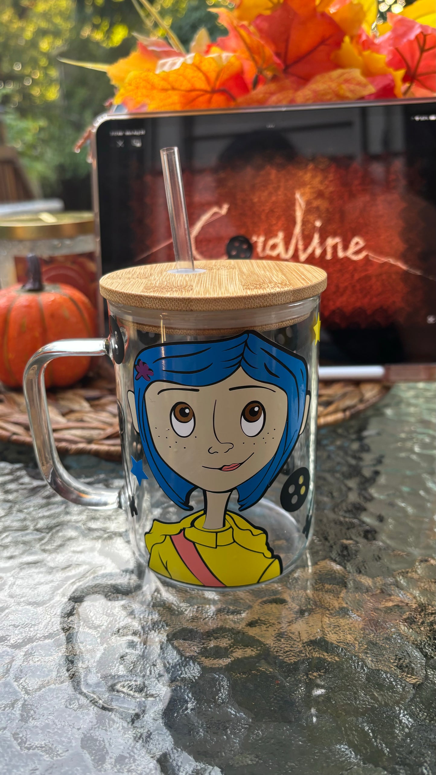 Coraline inspired glass mug