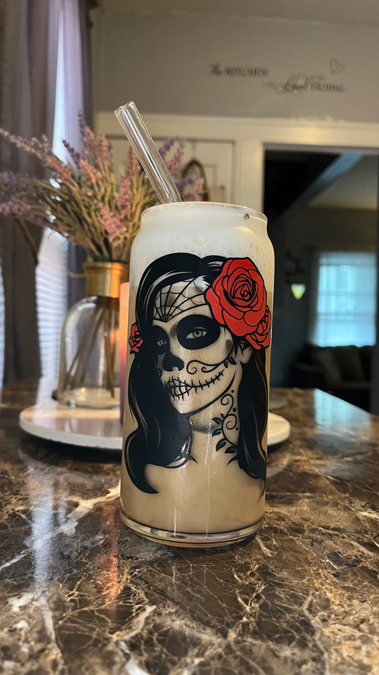 Lady sugar skull glass cup