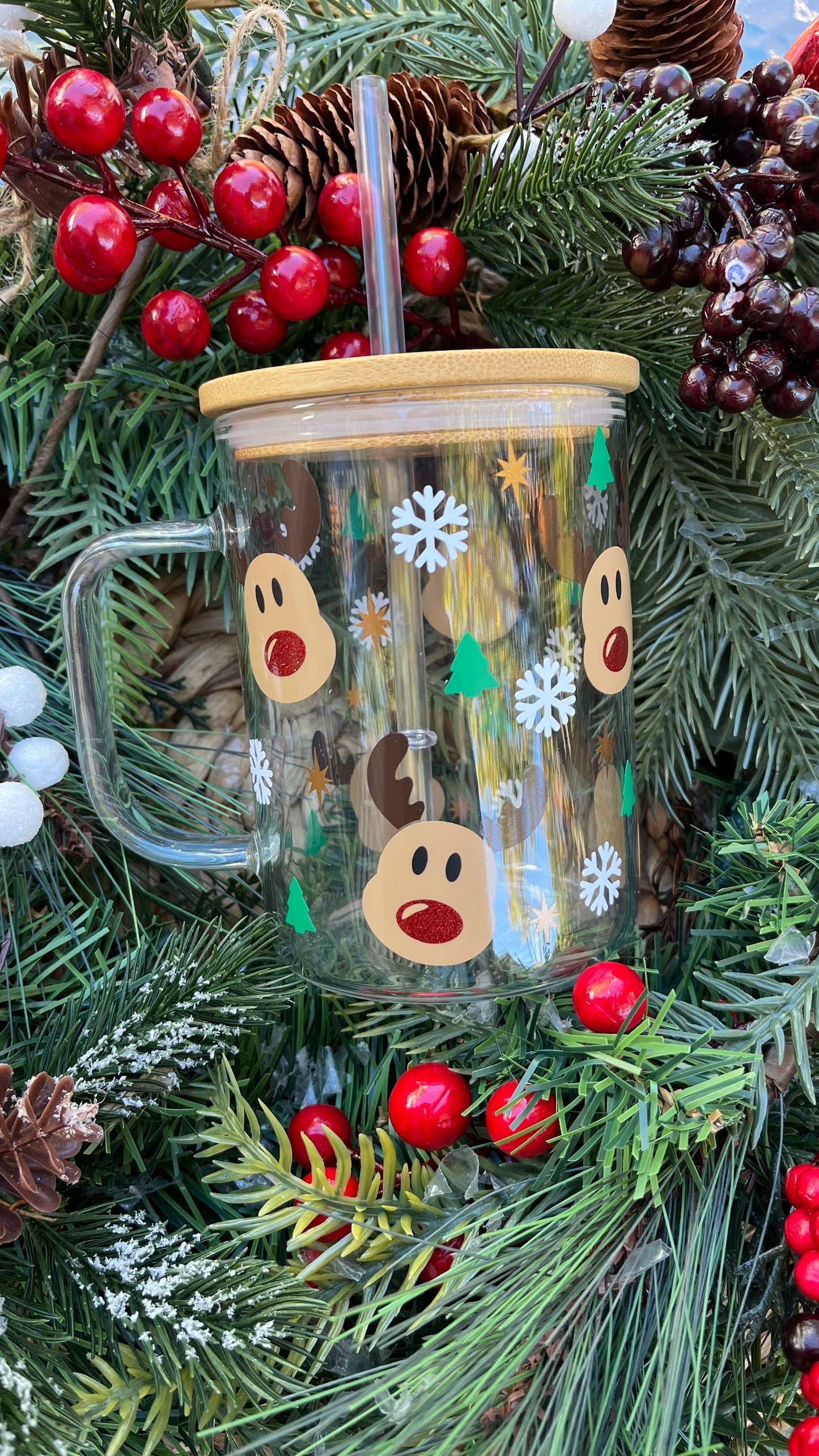 Cute reindeer 16oz glass mug