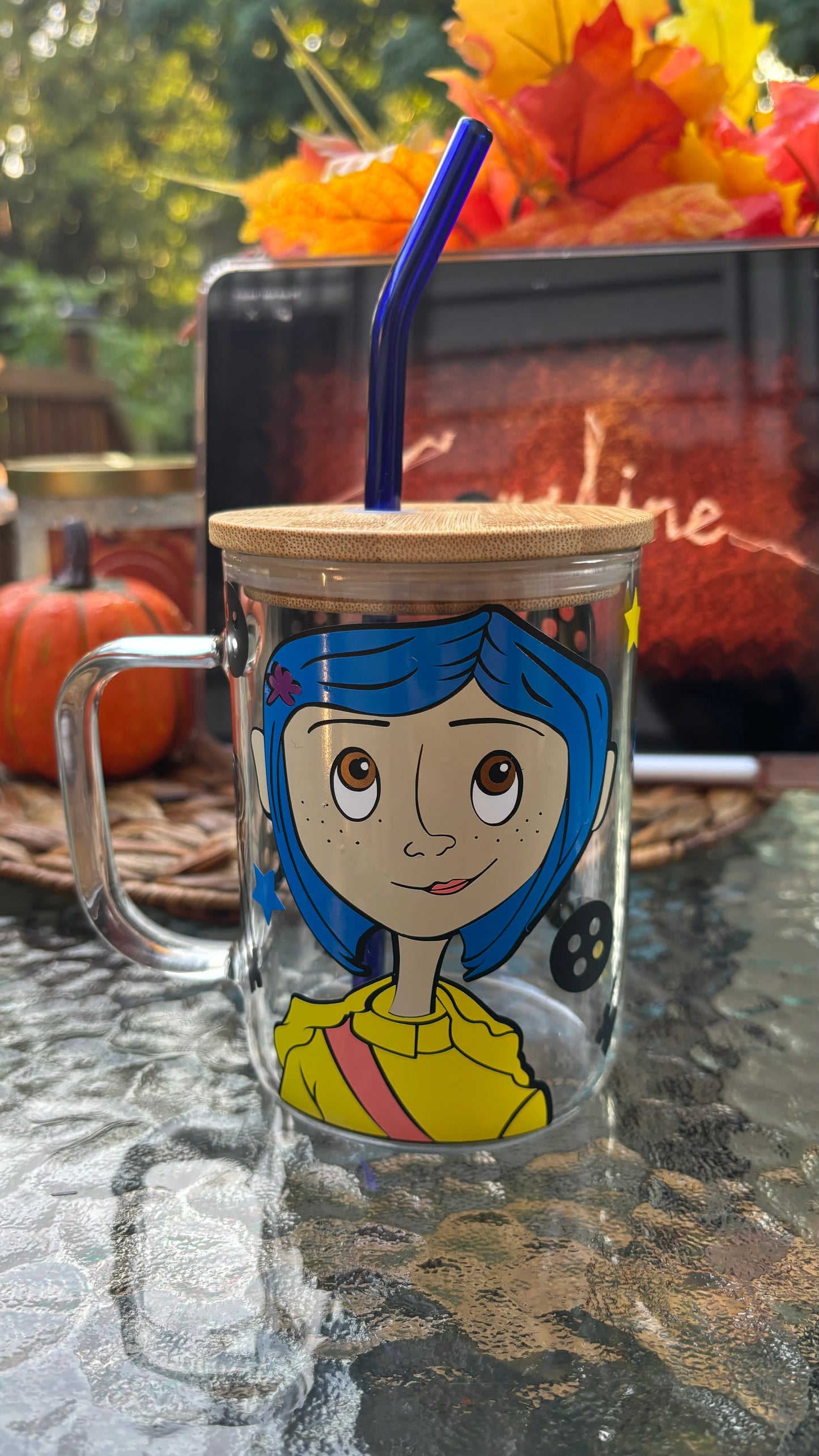 Coraline inspired glass mug