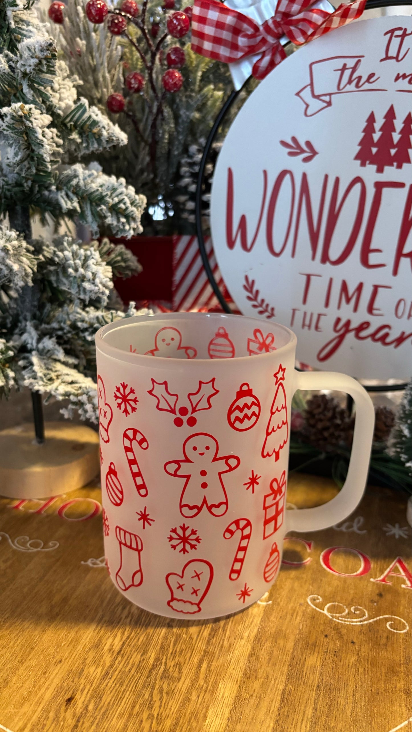 Christmas doodles frosted glass mug