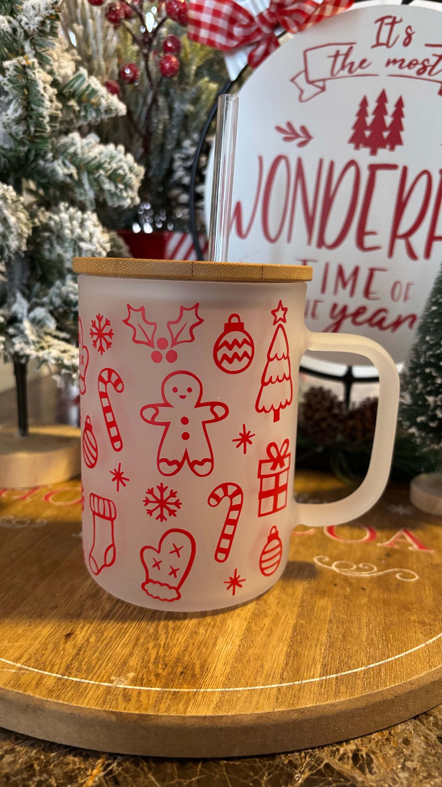 Christmas doodles frosted glass mug