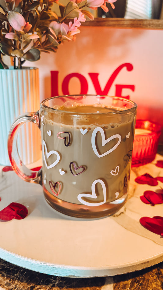 Pink hearts glass mug