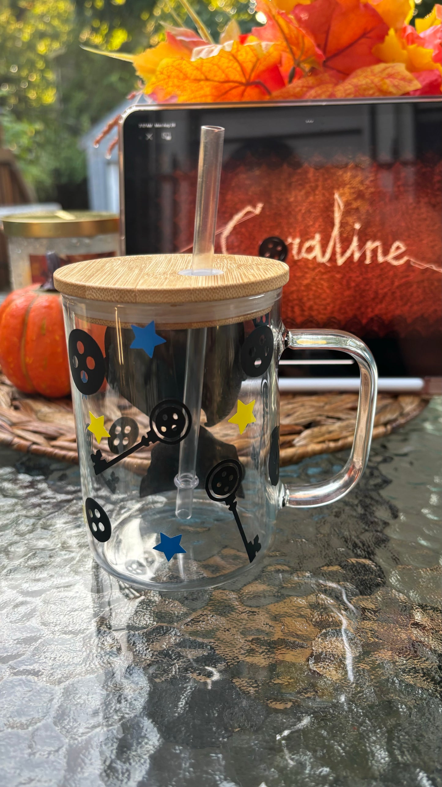 Coraline inspired glass mug