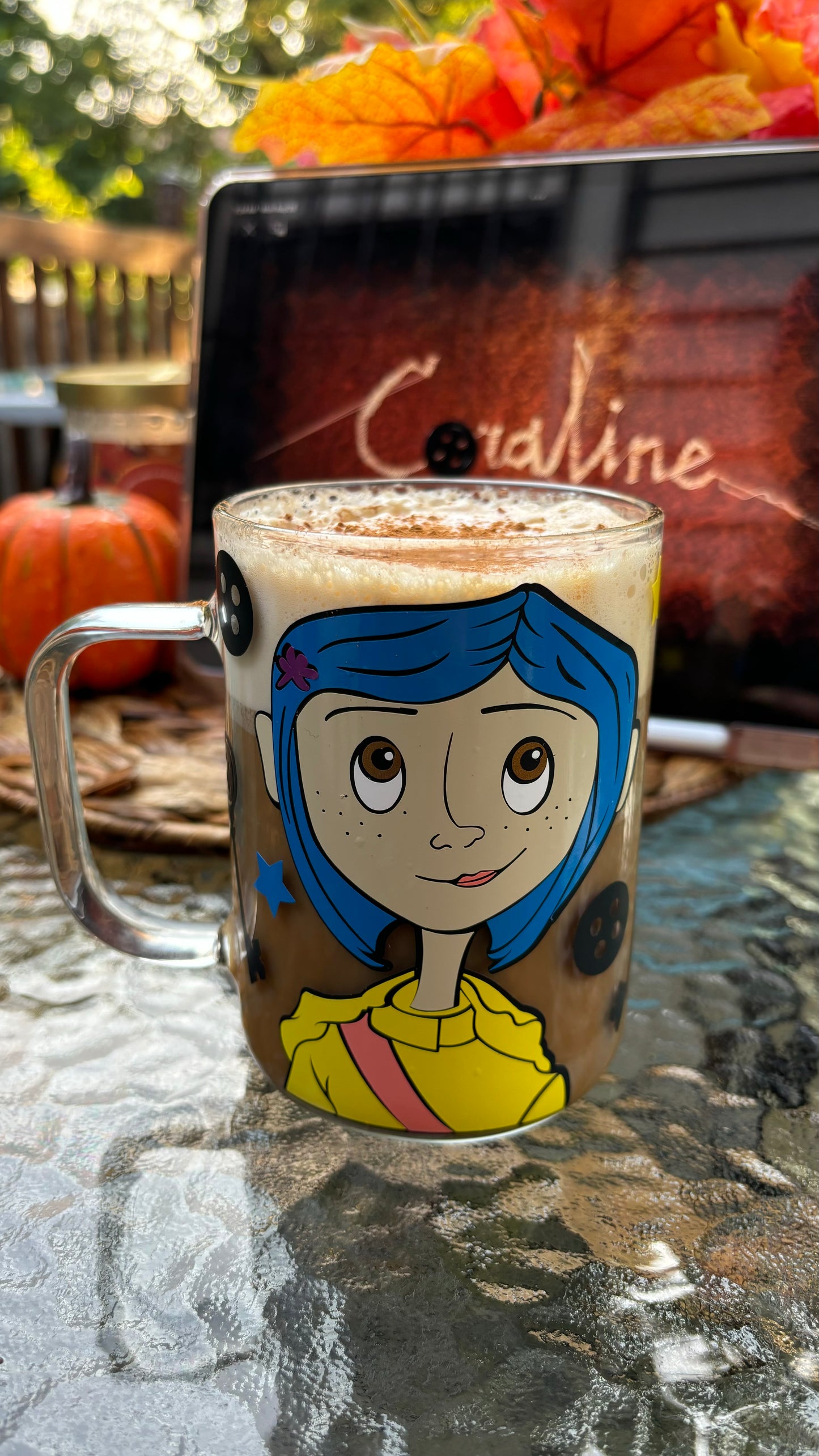 Coraline inspired glass mug