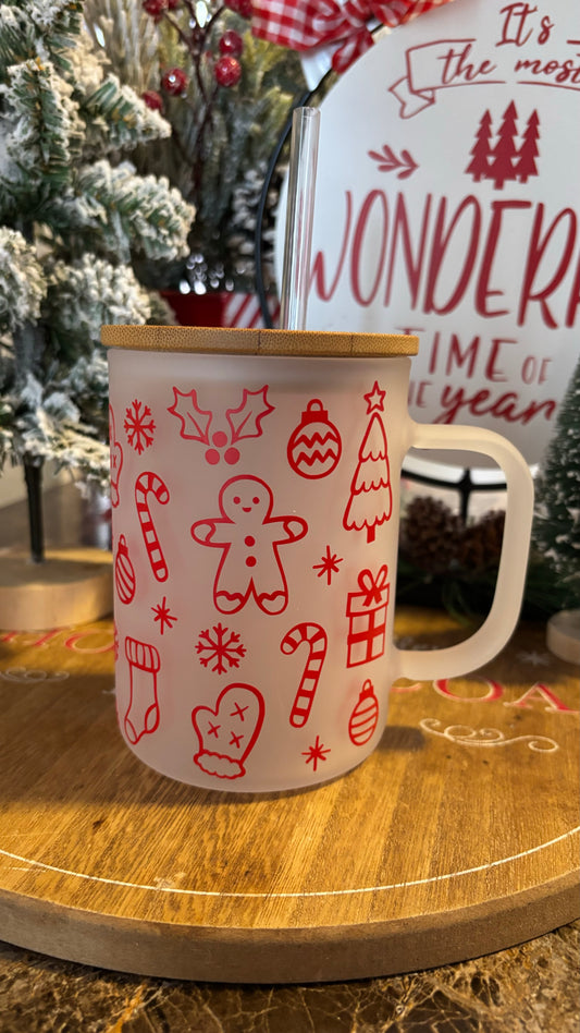 Christmas doodles frosted glass mug