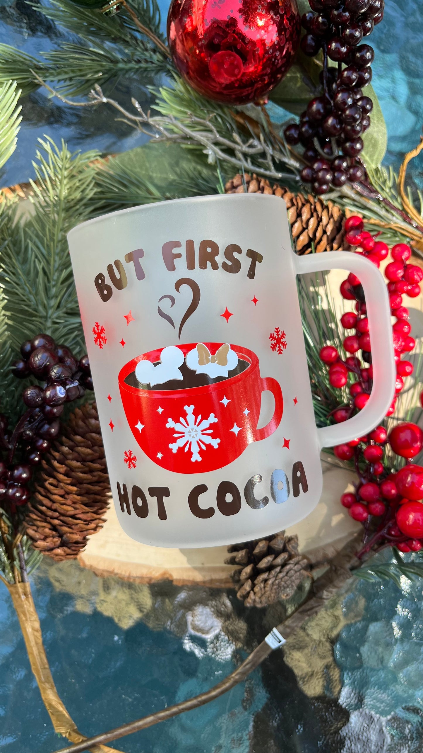 But first hot cocoa frosted glass mug