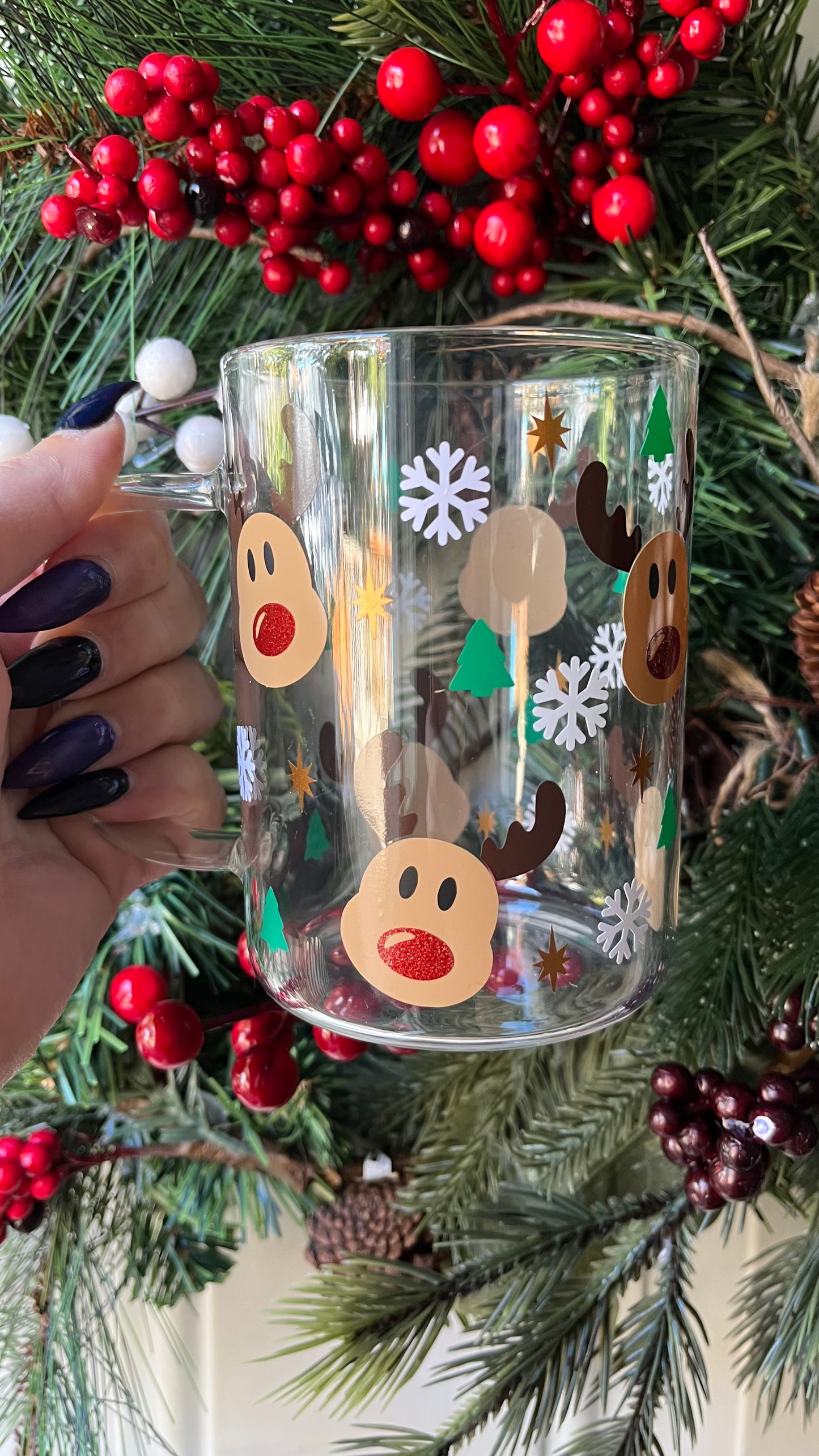 Cute reindeer 16oz glass mug