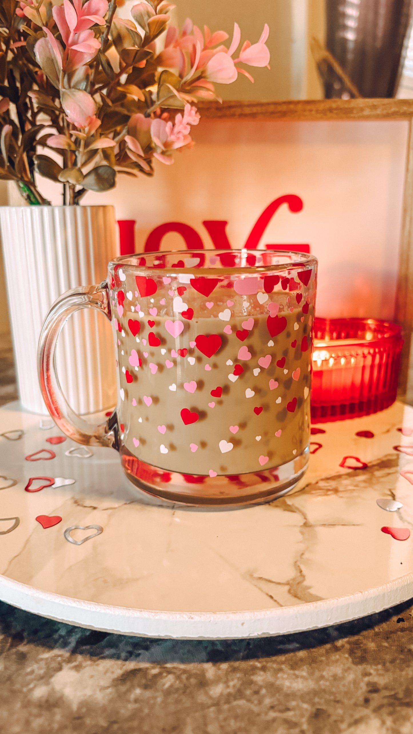 Confetti hearts glass mug