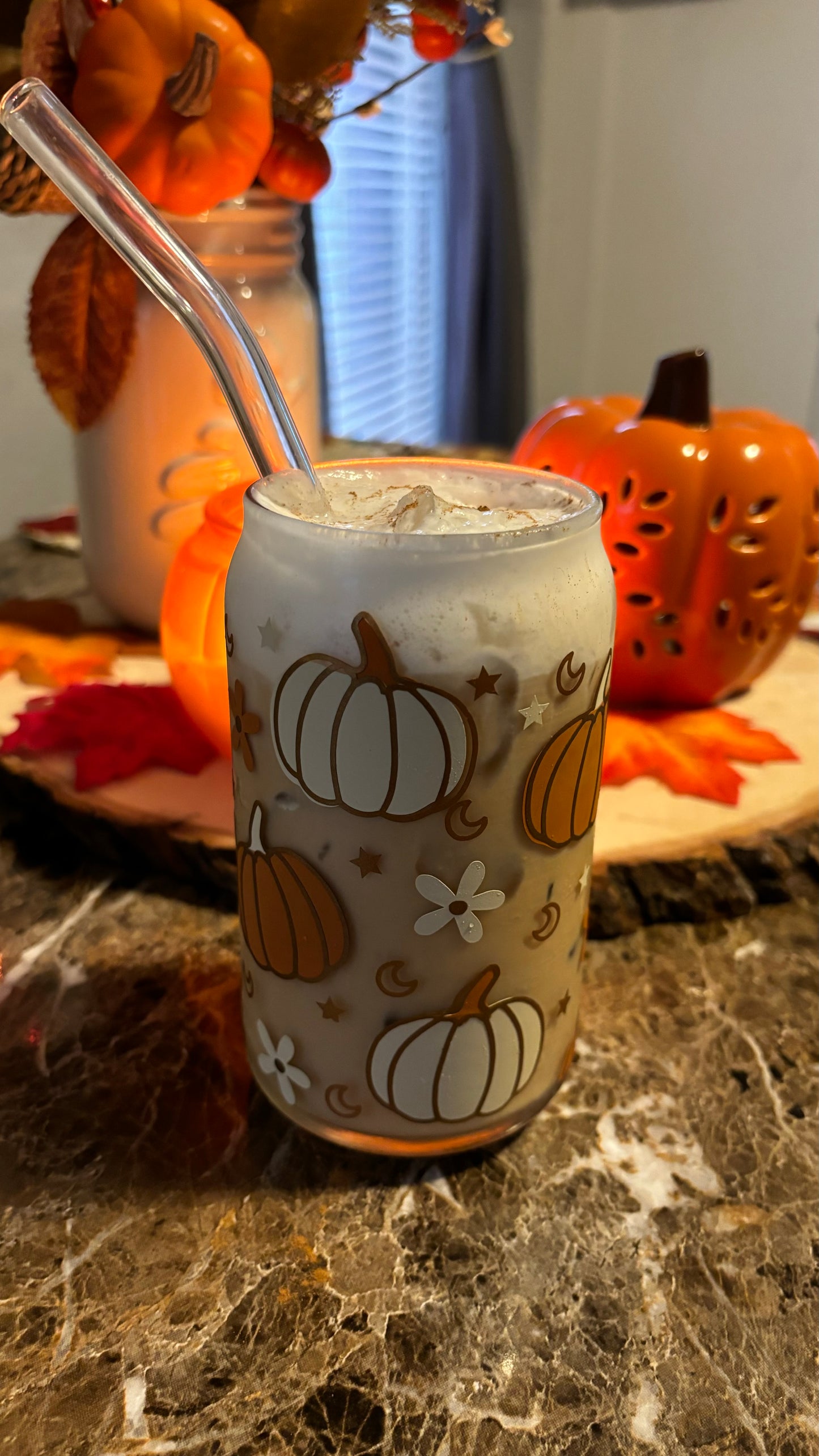 Autumn spice pumpkins glass cup