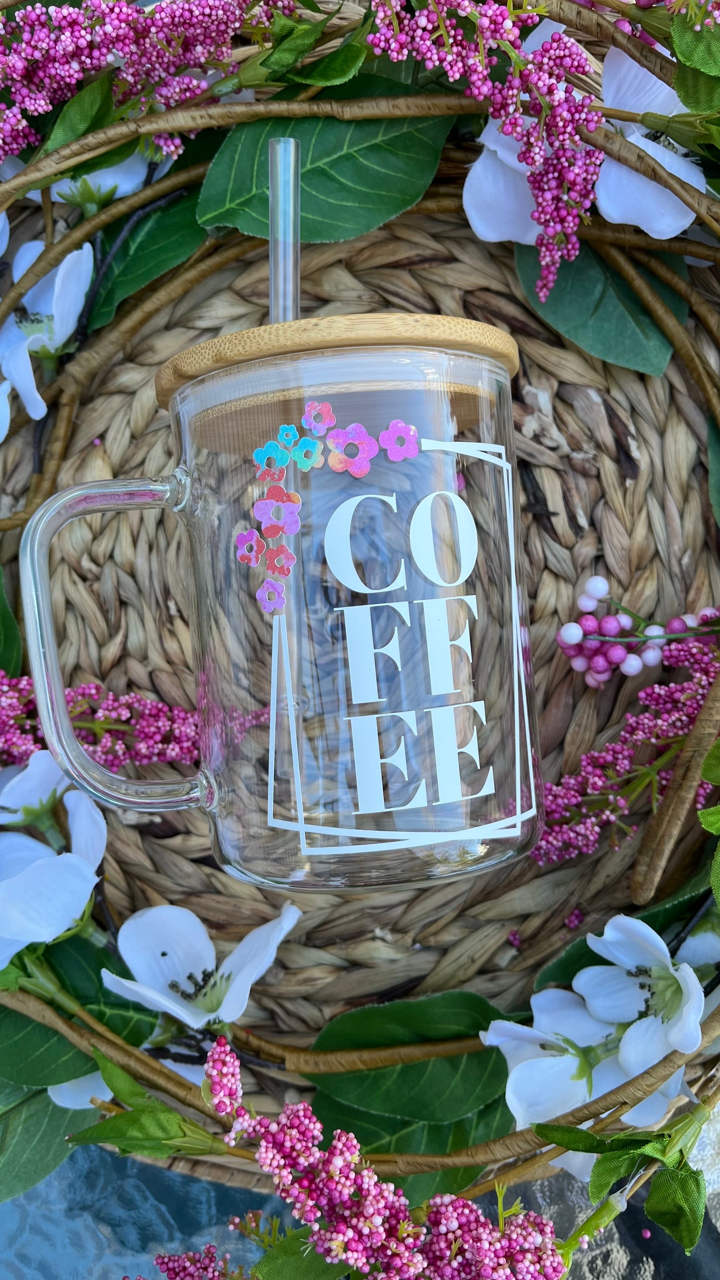 Coffee and flowers glass mug