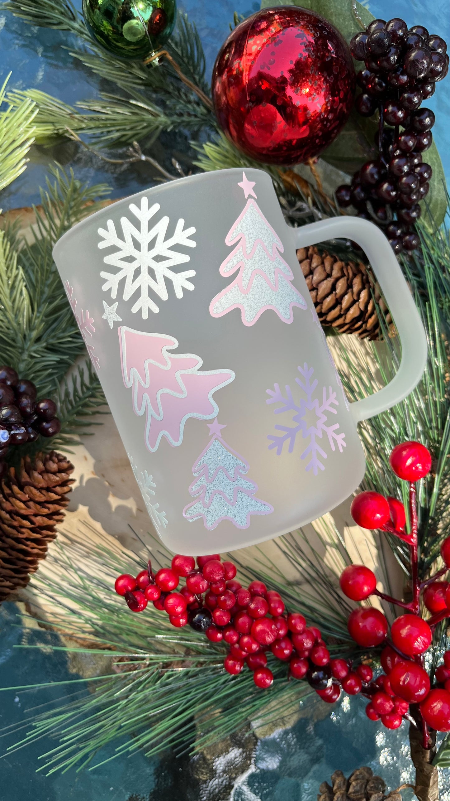 Pink Christmas frosted glass mug