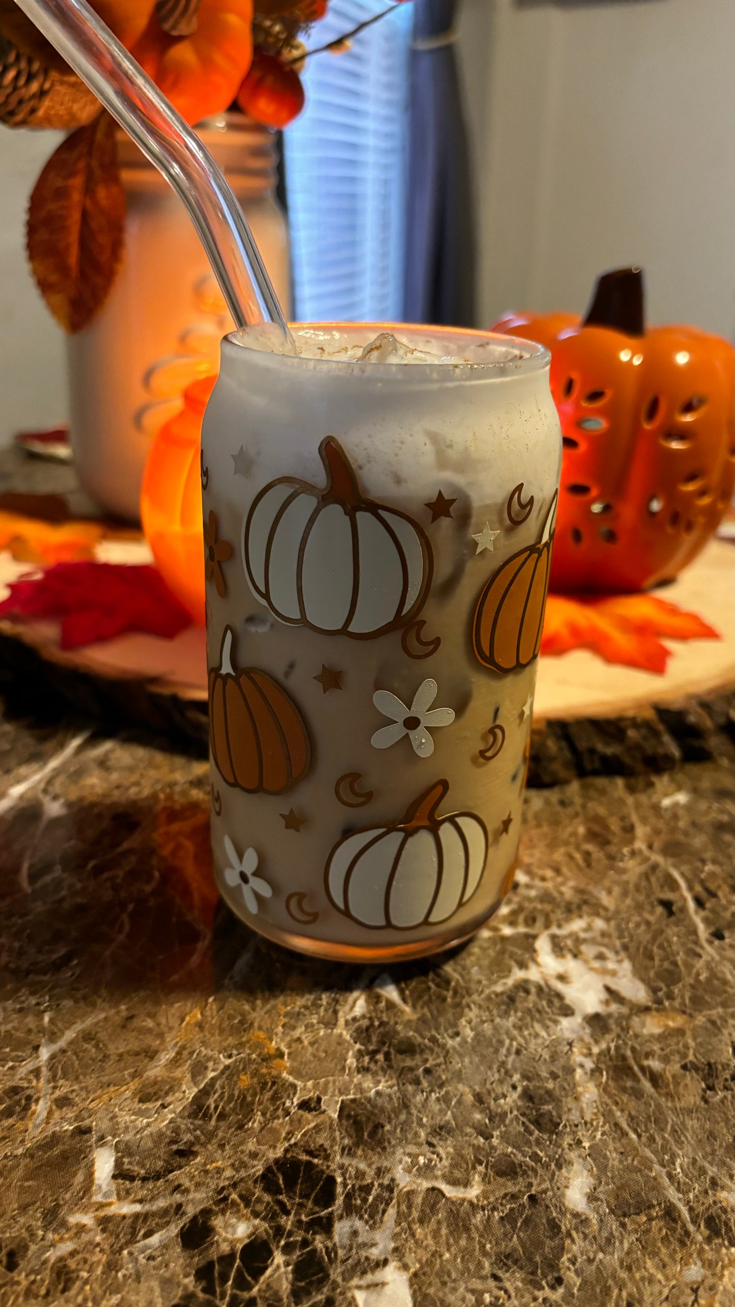 Autumn spice pumpkins glass cup