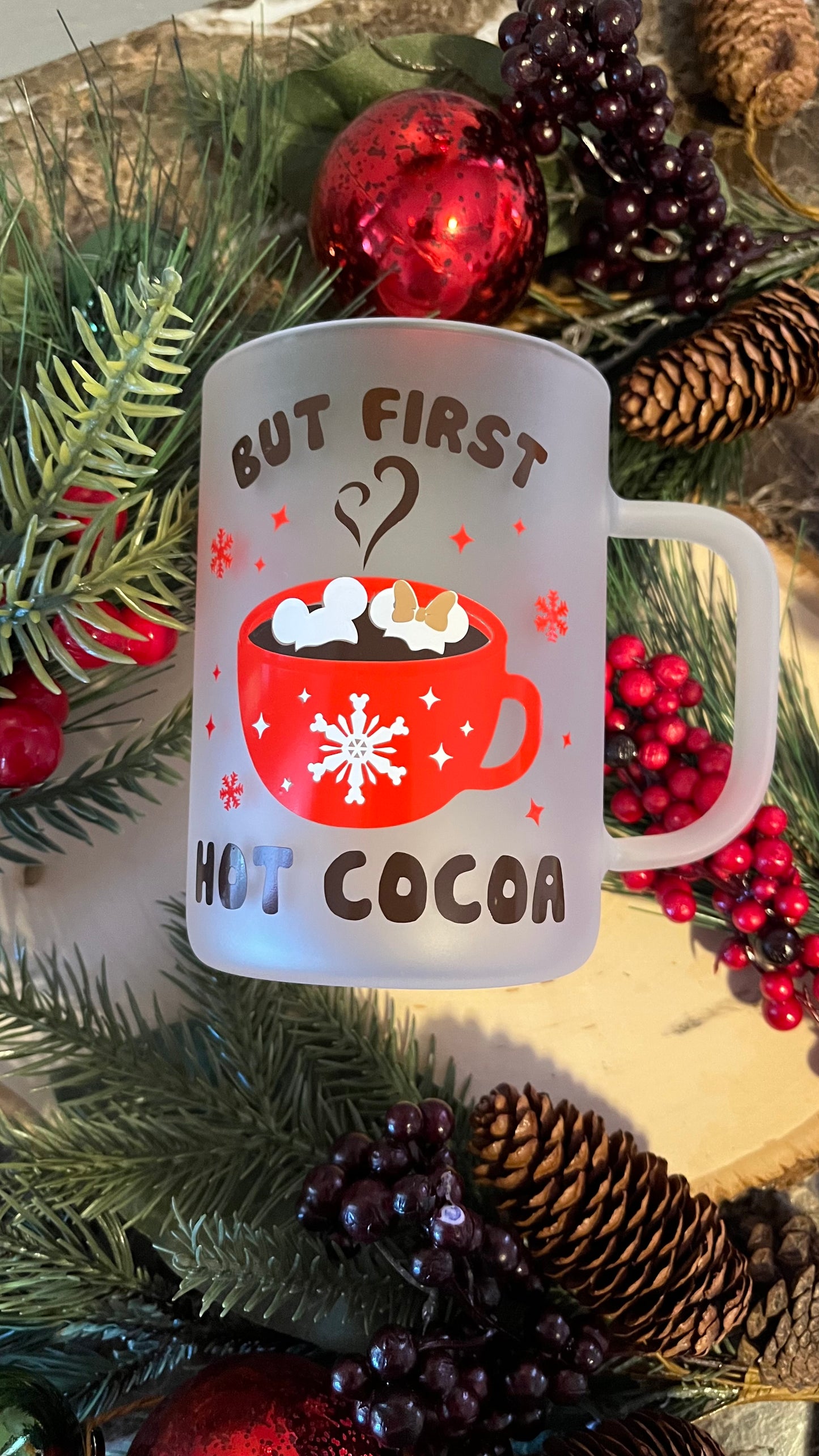 But first hot cocoa frosted glass mug