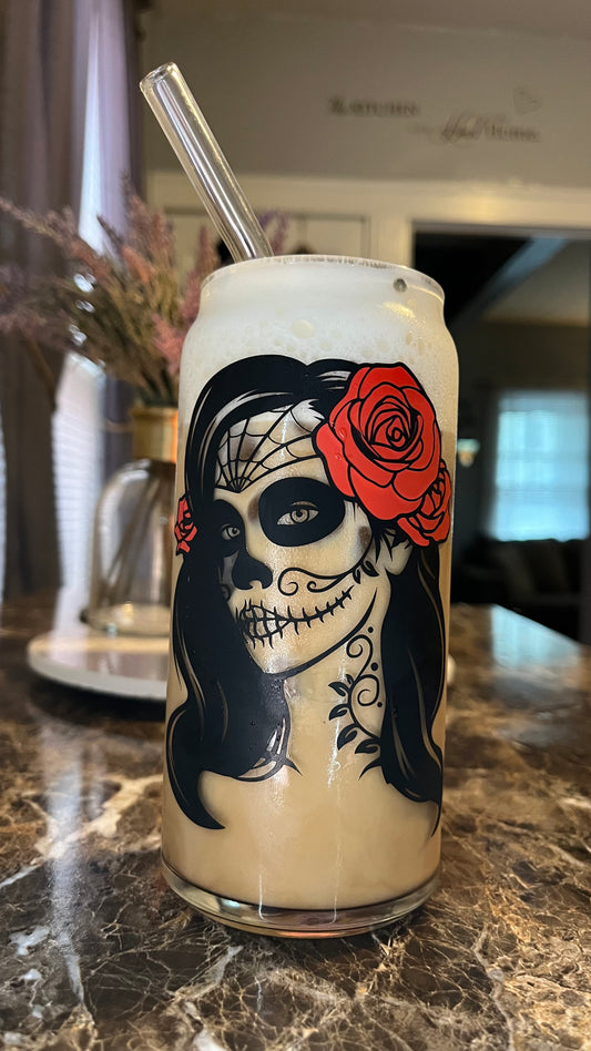 Lady sugar skull glass cup