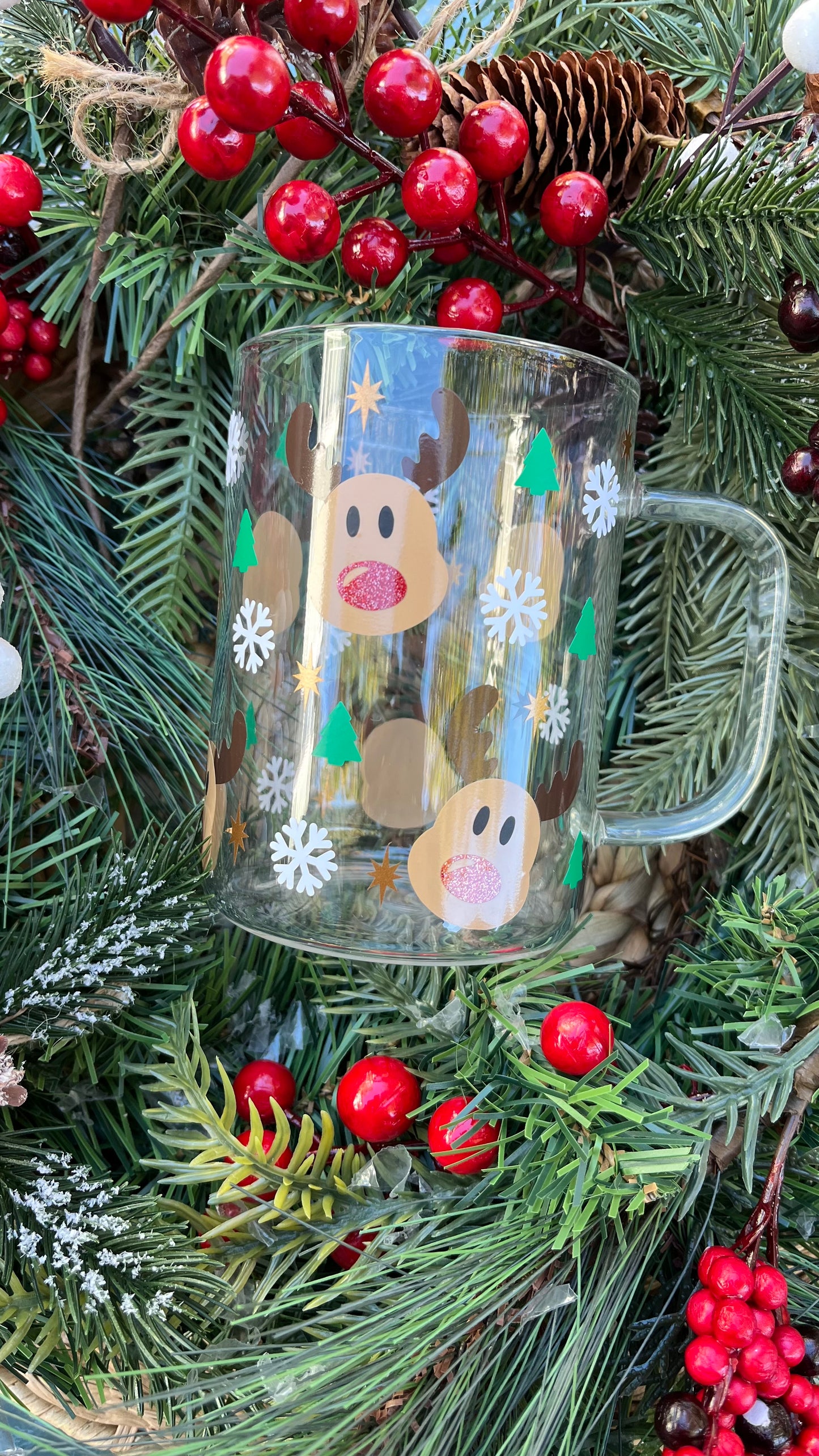 Cute reindeer 16oz glass mug