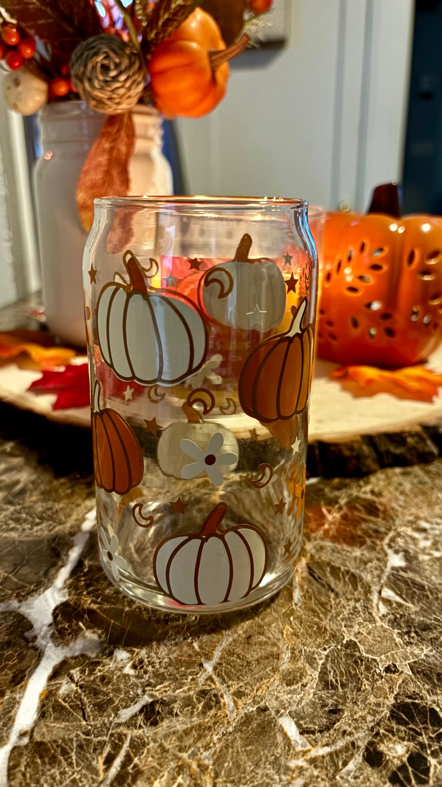 Autumn spice pumpkins glass cup