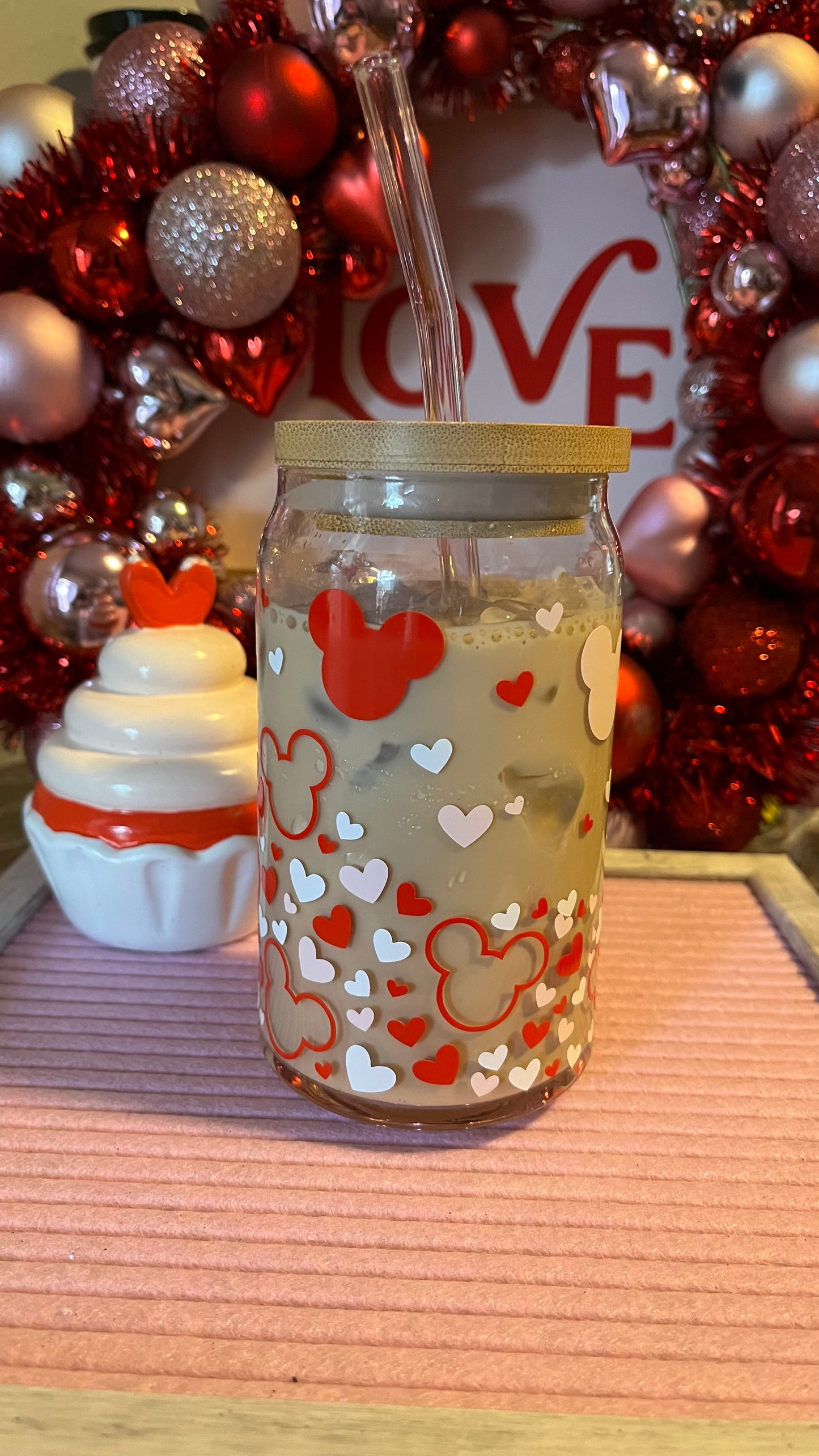 Mouse ears and hearts glass cup