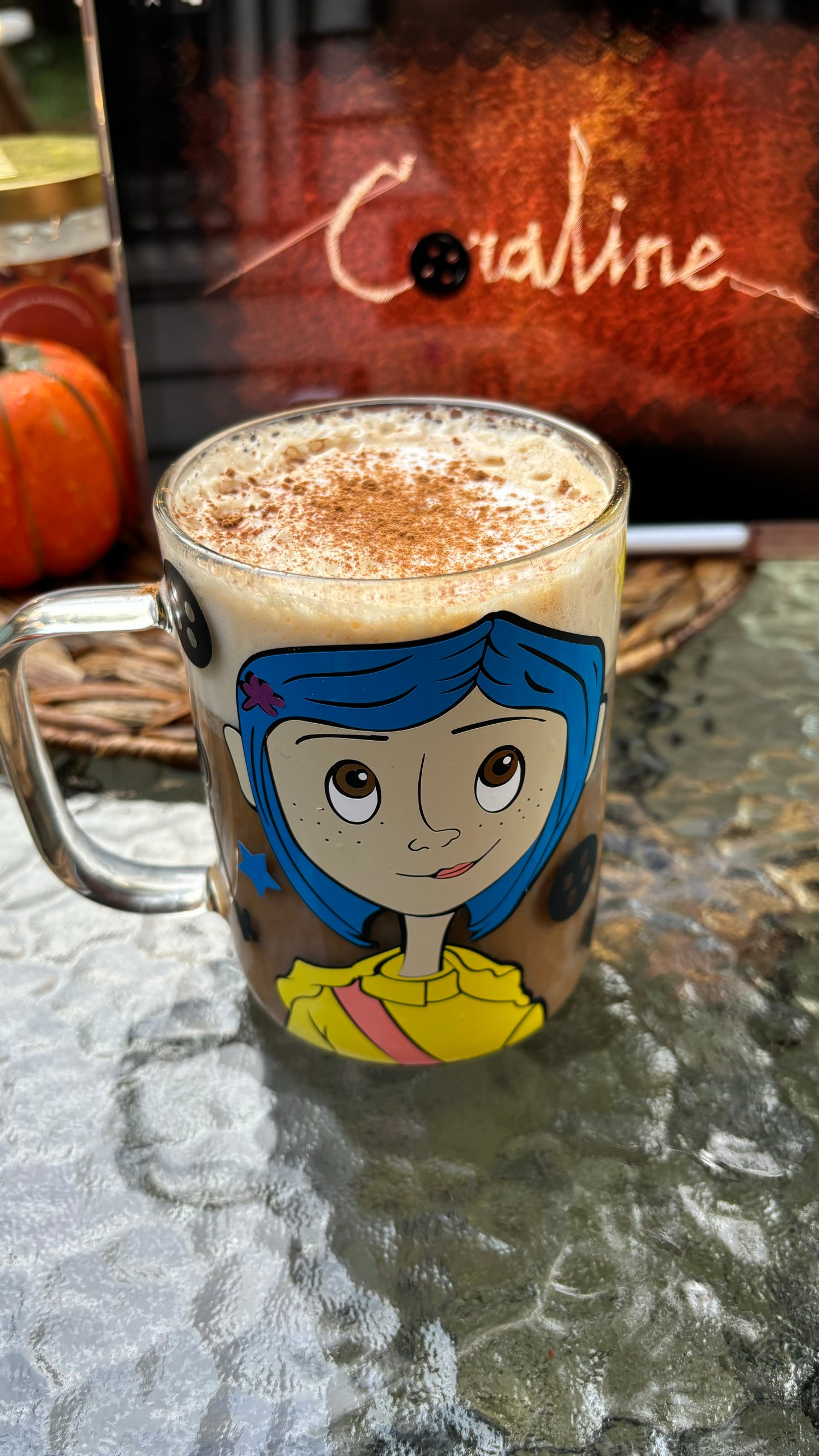 Coraline inspired glass mug