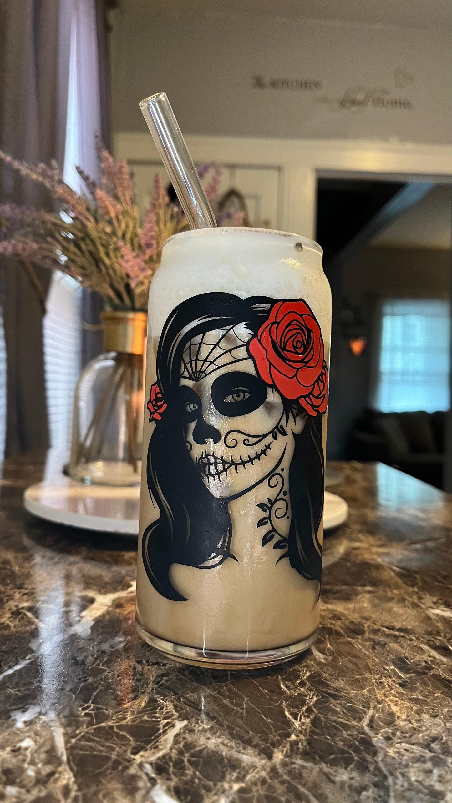 Lady sugar skull glass cup